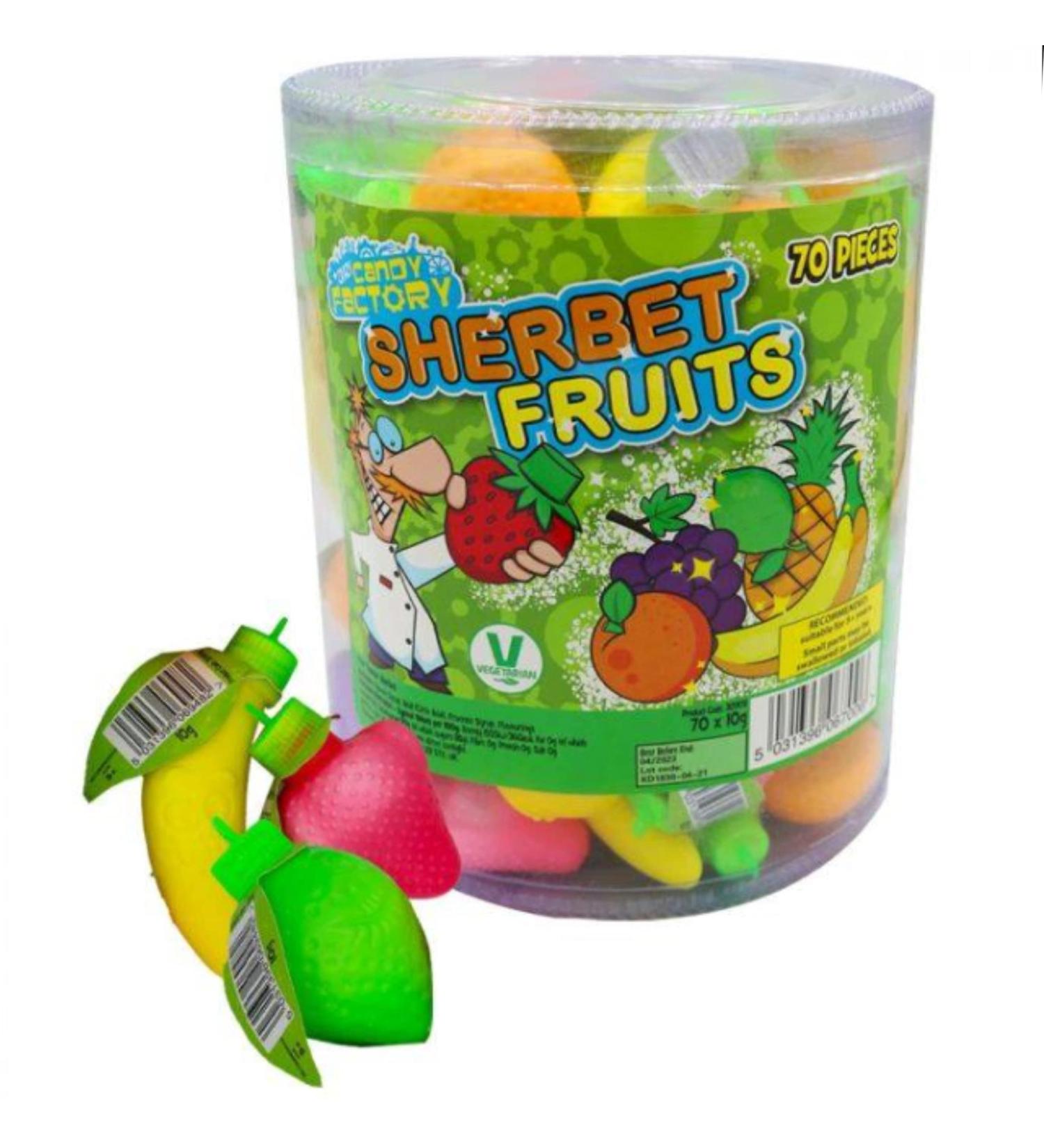 Snowflakeheaven Candy Sherbet Fruits sweets 70 per pack. Each fruit contains different flavored Sherbet Banana Strawberry Grape Lime Pineapple and Orange. Great fun for children. - Buy Online on GoSupps.com