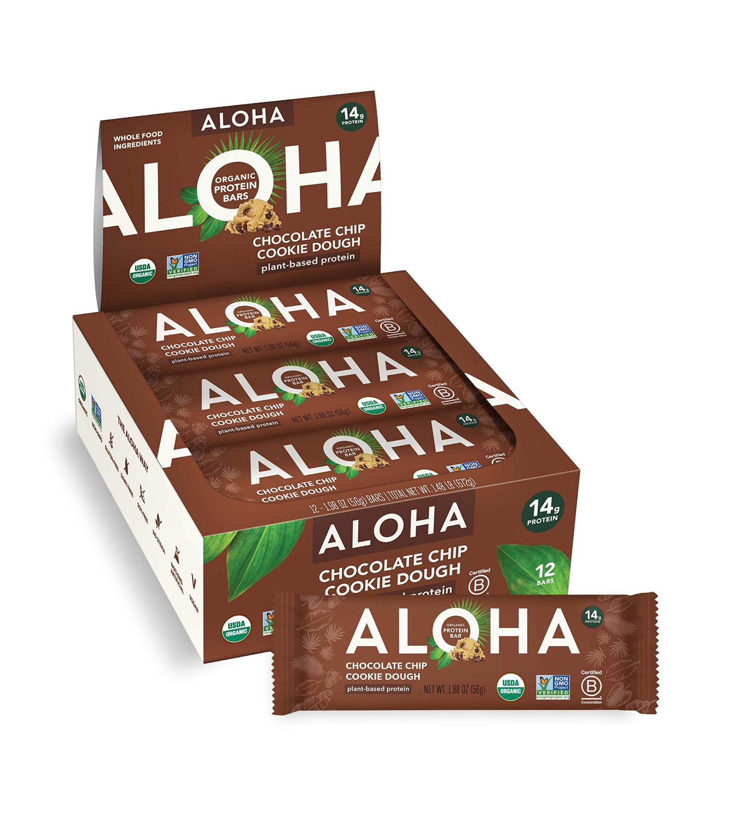 ALOHA Organic Vegan Protein Bars - Chocolate Chip Cookie Dough - 12 Count, Low Sugar, Gluten-Free, Paleo - Buy Online on GoSupps.com