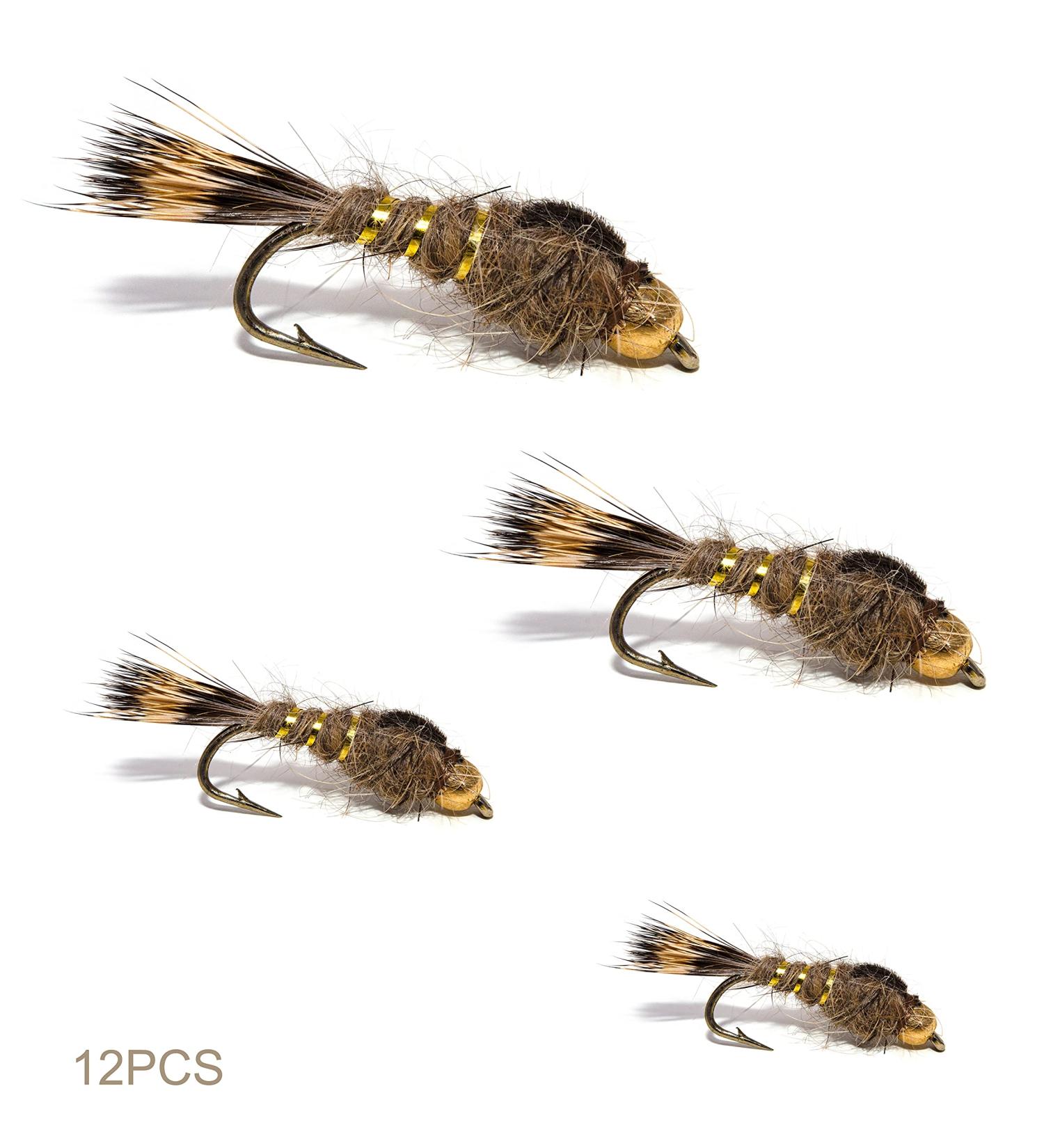 Producing Fly Fishing Flies Assortment | Dry, Wet, Nymphs, Streamers, Wooly Buggers, Caddis | Trout, Bass Fishing Lure 12 Gold Ribbed Hare's Ear Nymph