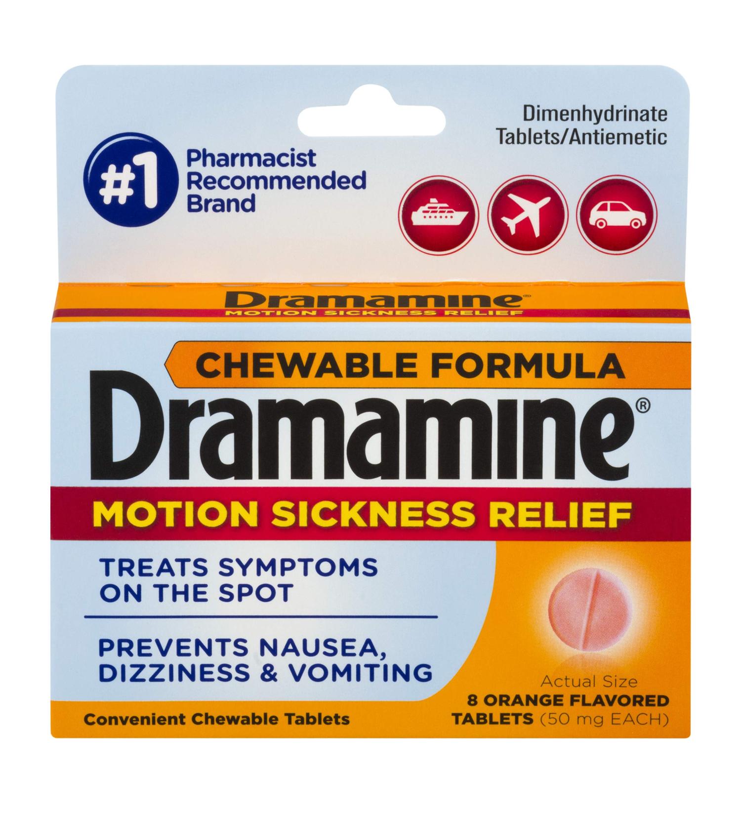 Dramamine Chewable Orange Motion Sickness Relief | 8 Count x 3 Pack | Fast-Acting Formula - Buy Online on GoSupps.com