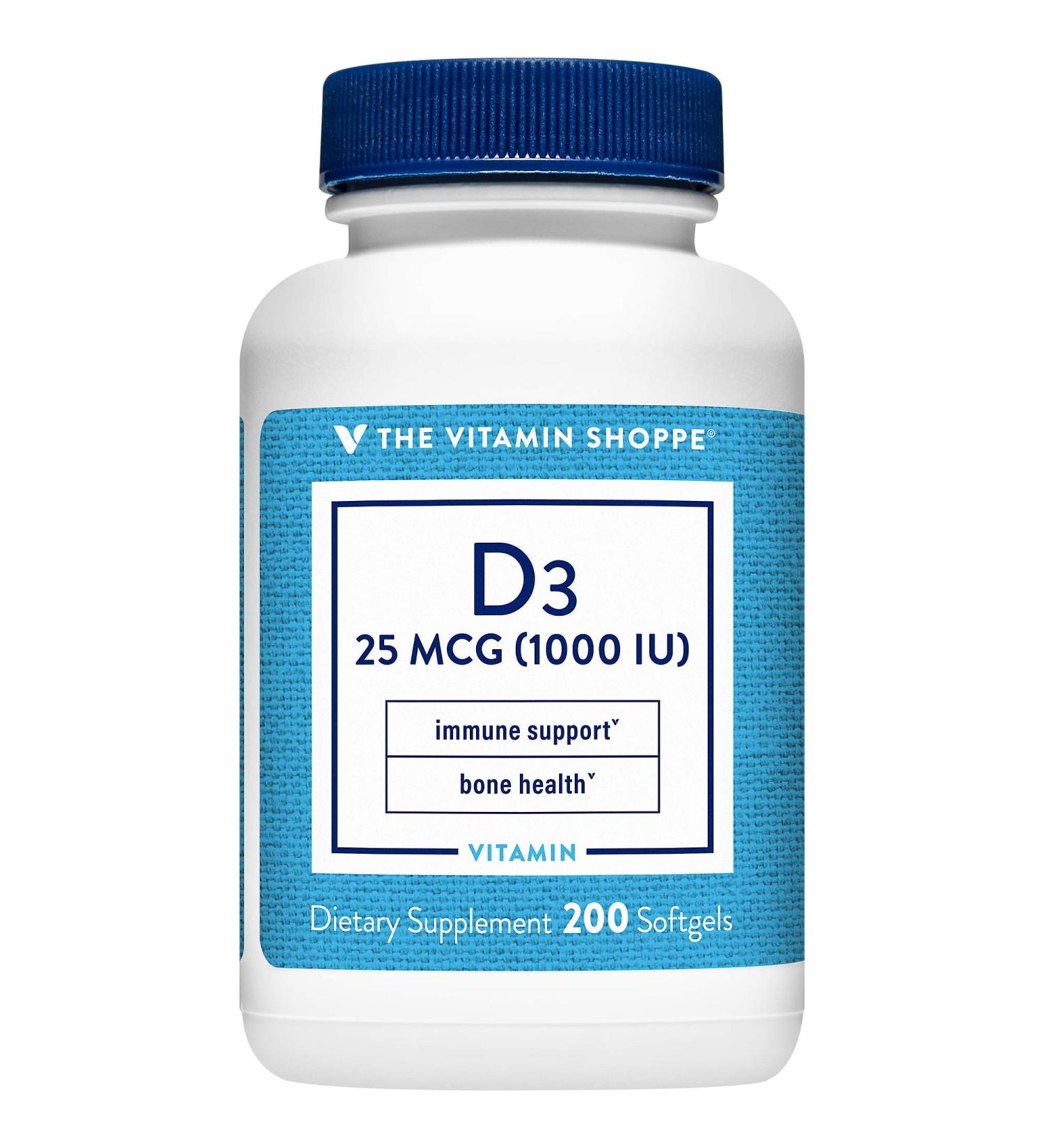 The Vitamin Shoppe Vitamin D3 1000IU Softgel - Bone, Immune Health, & Calcium Absorption - Gluten Free - 200 Softgels - Buy Online on GoSupps.com