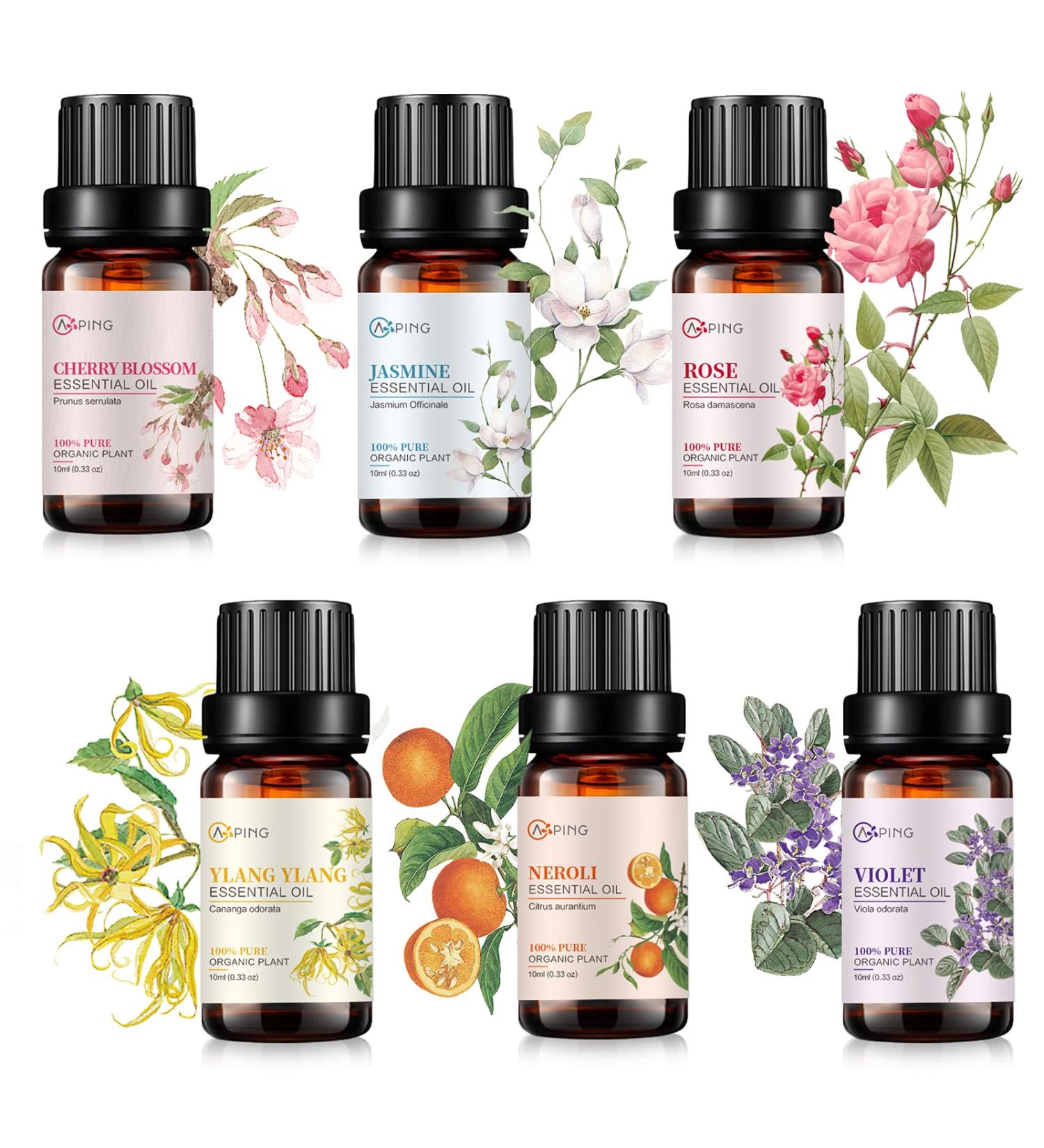 Essential Oil Set 6x10ML - 100% Pure Organic Oils for Diffuser Massage Spa & Yoga - Cherry Blossom Rose Jasmine Violet Neroli & Ylang Ylang - Buy Online on GoSupps.com