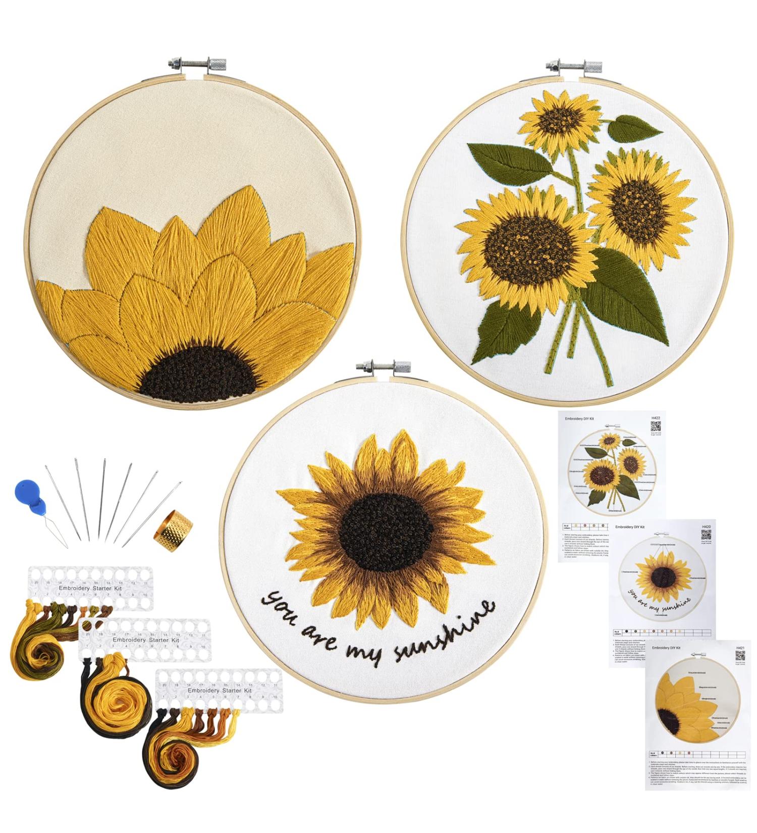 Armindou 3 Sets Sunflower Embroidery Starter Kits for Adults - Floral Stamped DIY Cross Stitch Kit with Hoops, Fabric, Needles & Threads - Buy Online on GoSupps.com