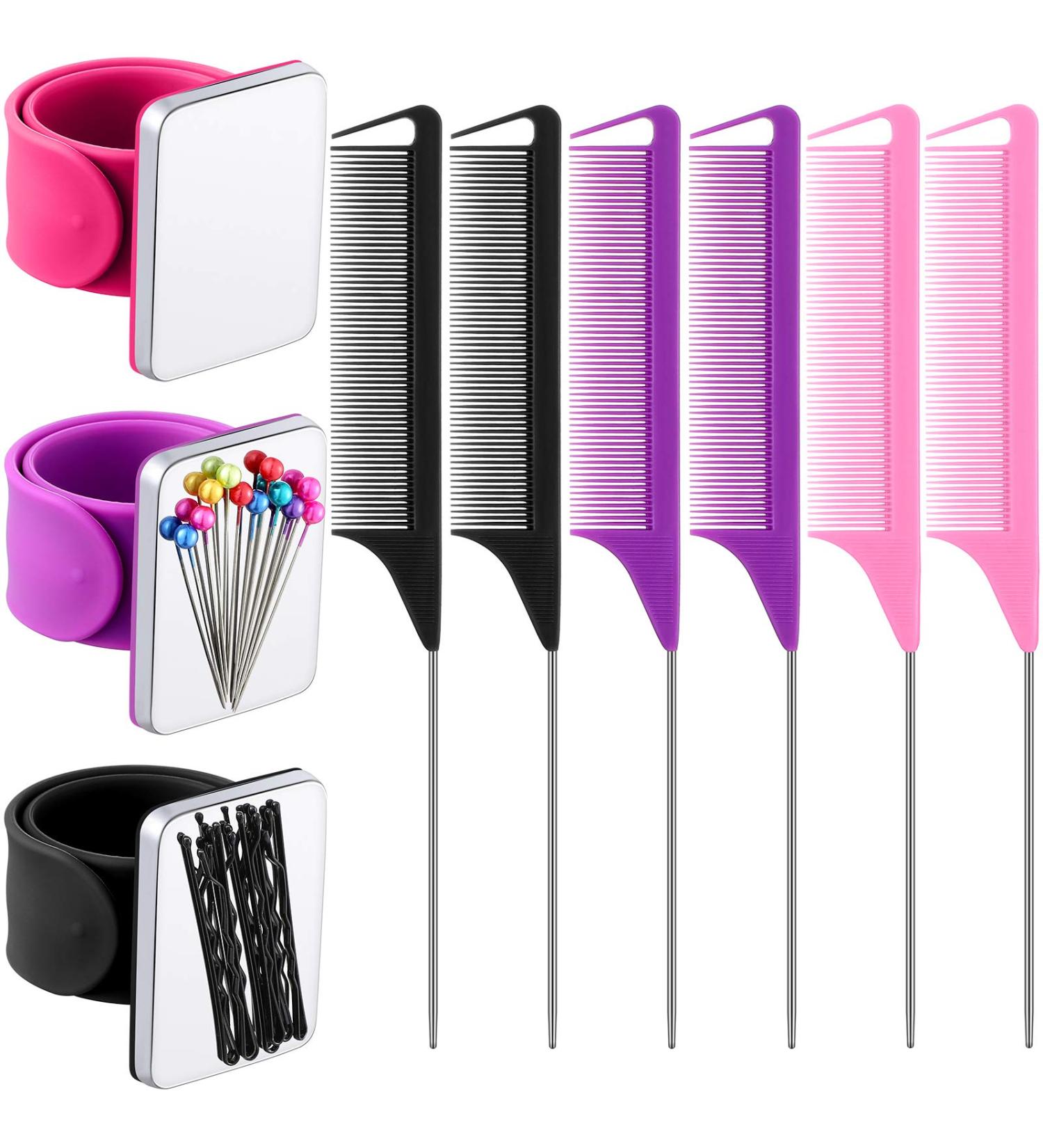3-Piece Magnetic Wrist Sewing Pincushion & 6-Piece Stainless Steel Rat Tail Comb Set - Black Purple Rose Red - Buy Online on GoSupps.com
