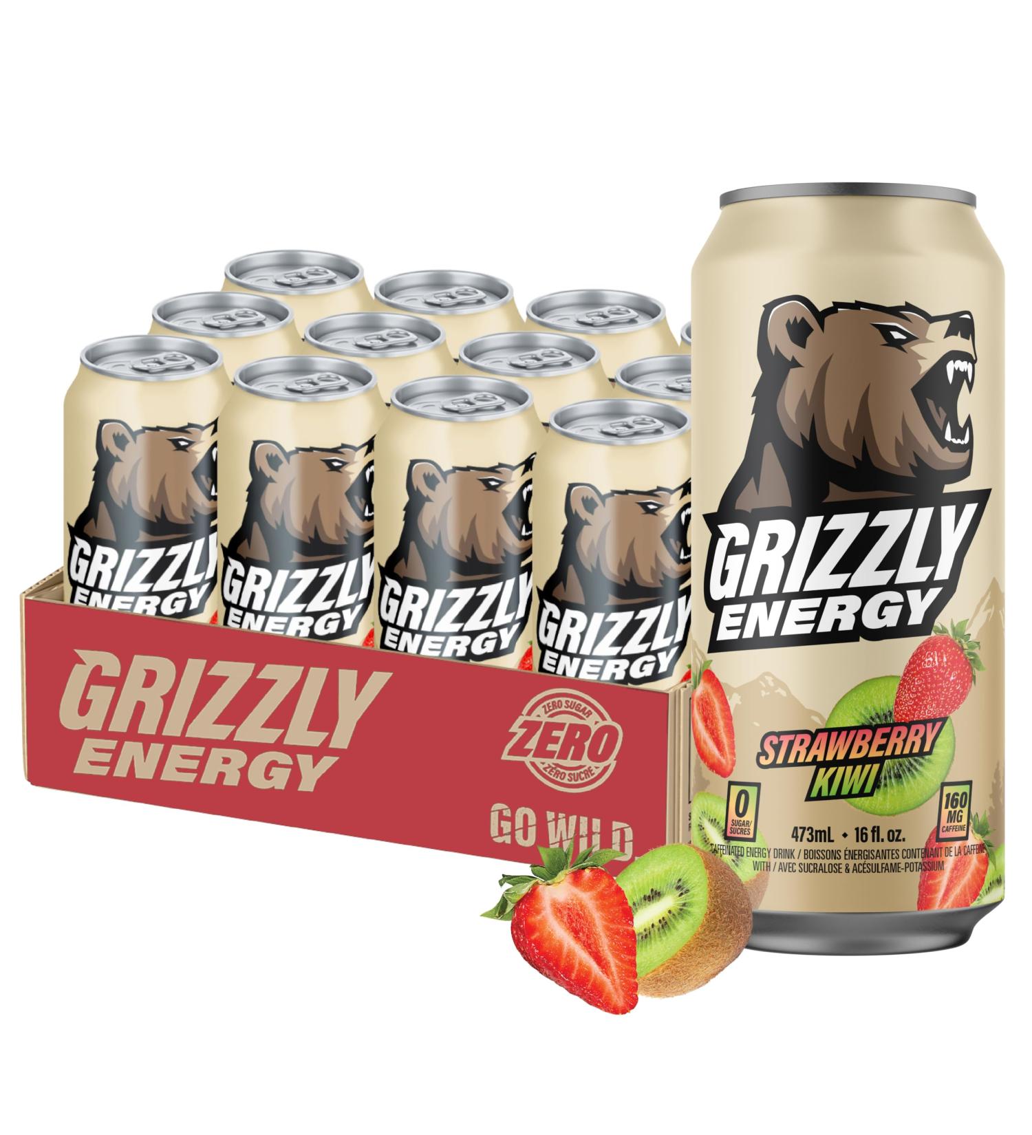 GRIZZLY Energy Drink Strawberry Kiwi Taurine B Vitamins & 160mg Caffeine - Energy Focus & Hydration Boost - 10 Calories Zero Sugar - No Artificial Taste Colours or Flavours - 16 fl oz (12 Pack Cans) - Buy Online on GoSupps.com