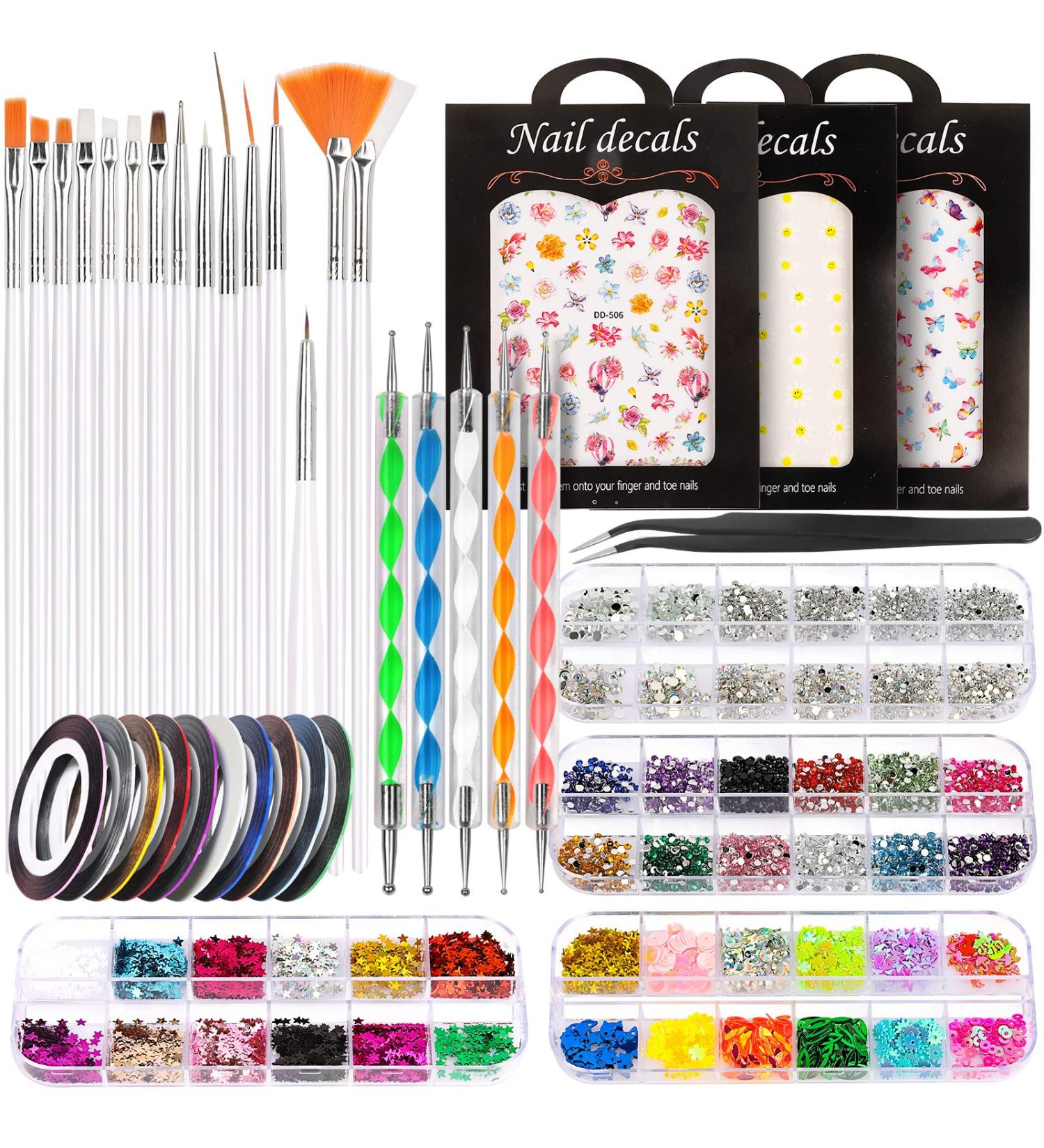 Teenitor Nail Art Kit with Brushes, Dotting Tools, Stickers, Rhinestones, Tweezers, Glitter, Sequins, and Striping Tape - White - Buy Online on GoSupps.com
