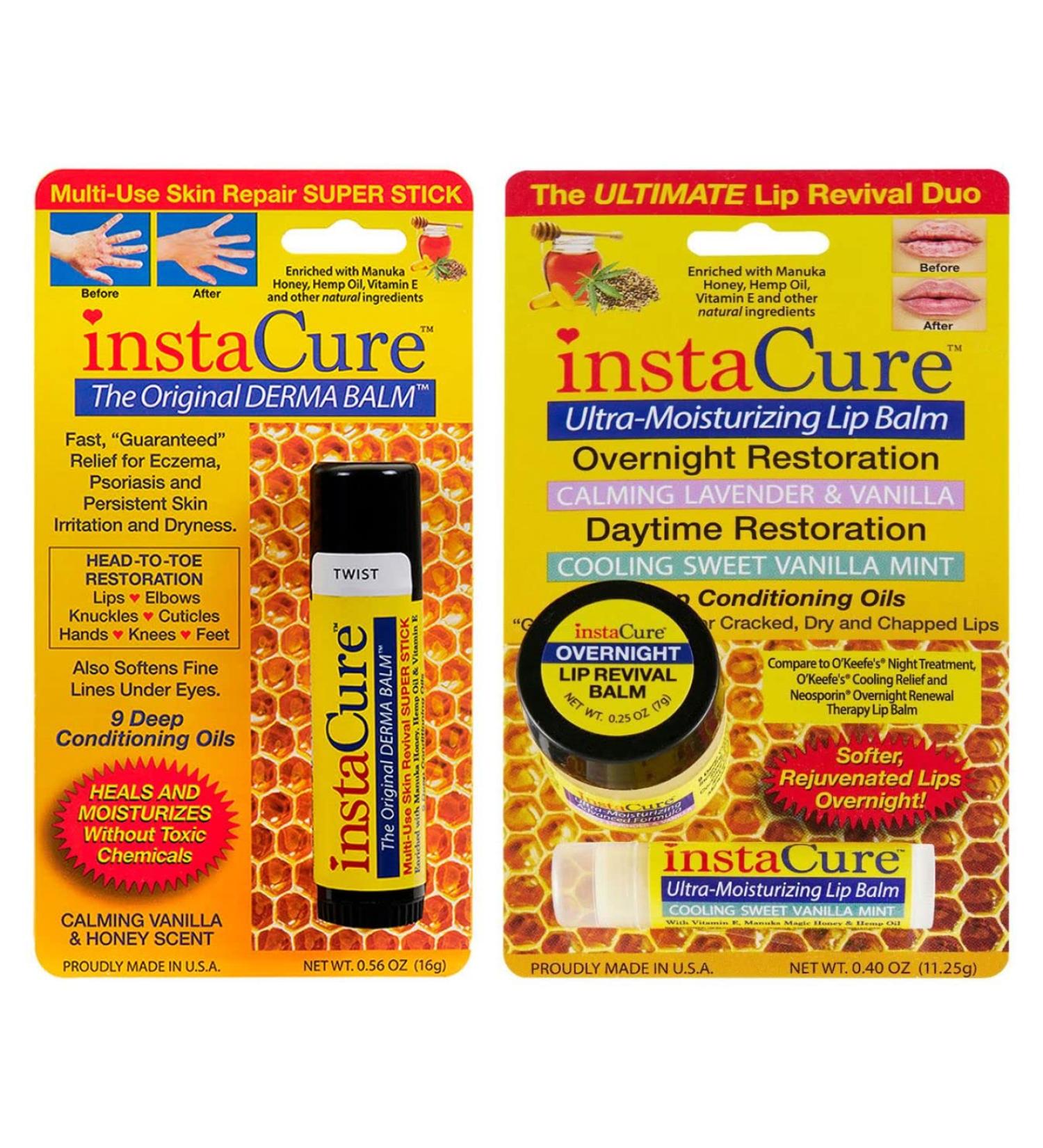 InstaCure Derma Balm & Lip Repair Duo - 100% Natural Jumbo Tube for Dry Skin Eczema Psoriasis Relief | Manuka Honey Lavender & Vanilla | Best Overnight Lip Mask & Daytime Balm - Buy Online on GoSupps.com