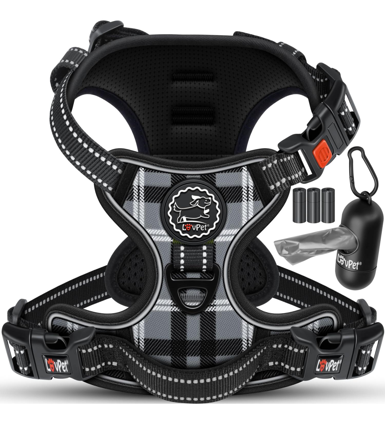Lovpet No-Pull Dog Harness for Large Dogs | Breathable & Soft | Adjustable Reflective Design - Anthracite L L Gray/Checkered | Includes Bag Rolls - Buy Online on GoSupps.com