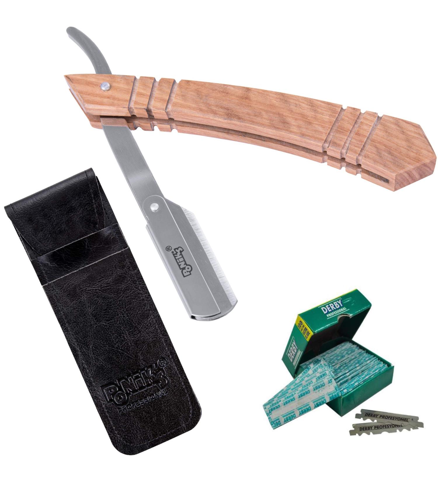 Ponik's Classic Razor Set for Men - High-Quality Stainless Steel Barber Kit with 100 Derby Blades & Travel Bag - Precision Beard Shaving in Brown - Buy Online on GoSupps.com