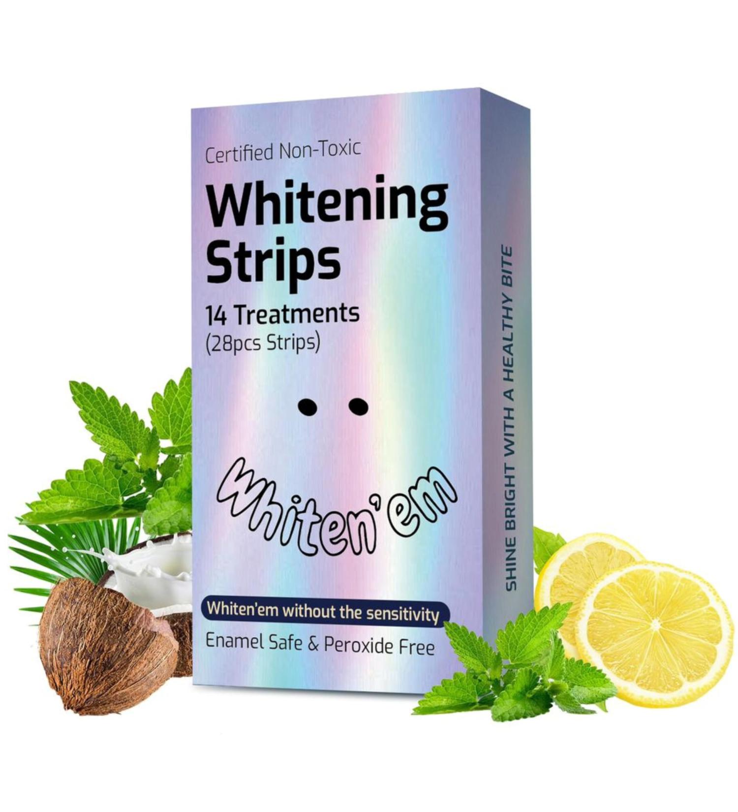 Whiten'em Teeth Whitening Strips for Sensitive Teeth - 14 Treatments Peroxide Free Enamel Safe Non-Toxic & Coconut Oil Formula - Buy Online on GoSupps.com