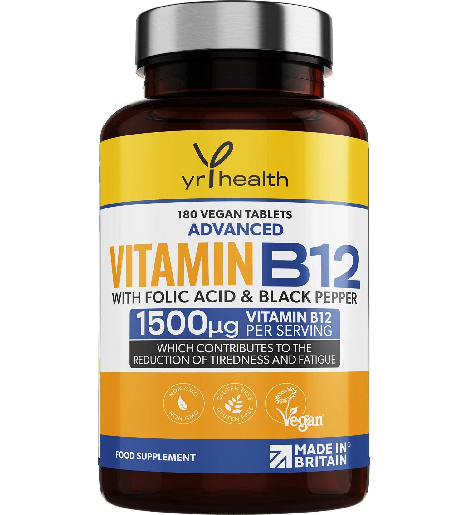 Vegan Vitamin B12 Tablets 1500mcg Methylcobalamin High Strength with Added Folic Acid & Black Pepper - 180 Tablets (6 Month Supply) - Reduction of Tiredness & Fatigue - Made in The UK by YrHealth - Buy Online on GoSupps.com