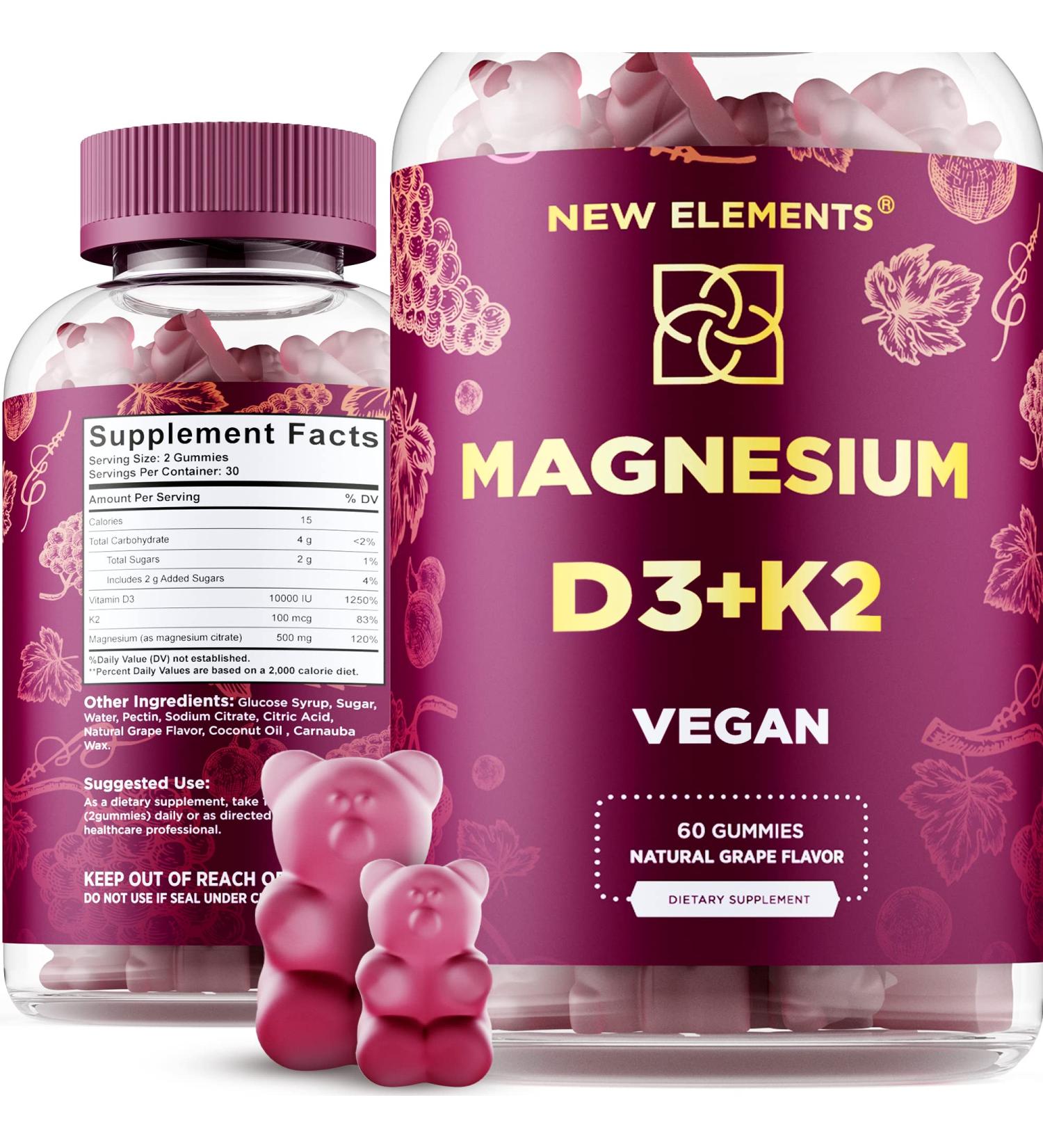 Calm Magnesium Gummies 500mg with Vitamin D3 & K2 - Relaxation Supplement for Adults - Vegan & Gluten-Free - Natural Grape Flavor - Buy Online on GoSupps.com