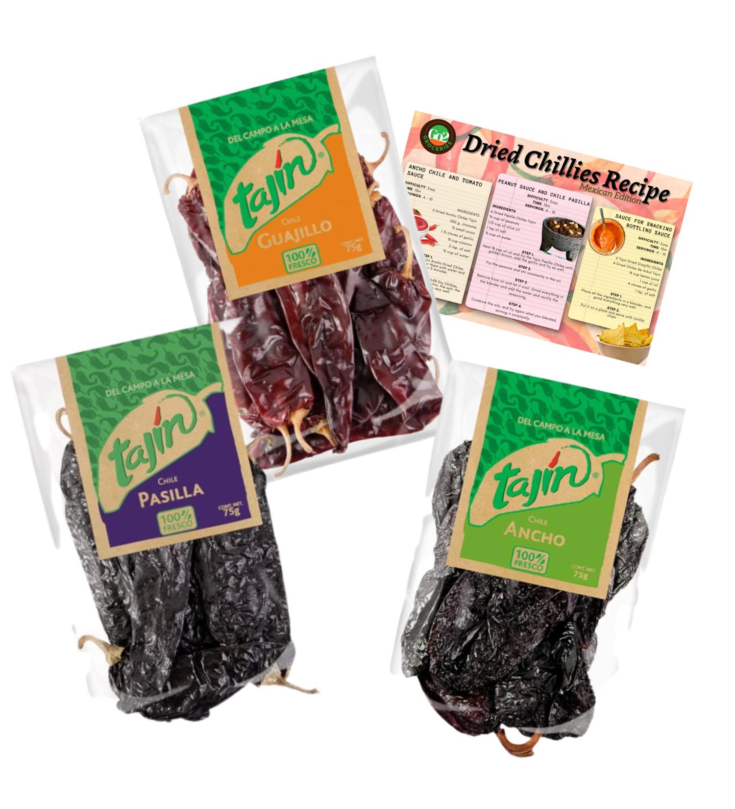 Go2 Groceries Mexican Spice Set: Tajin Dried Chillies Ancho Guajillo Pasilla (3x75G) with Recipe Card - Buy Online on GoSupps.com