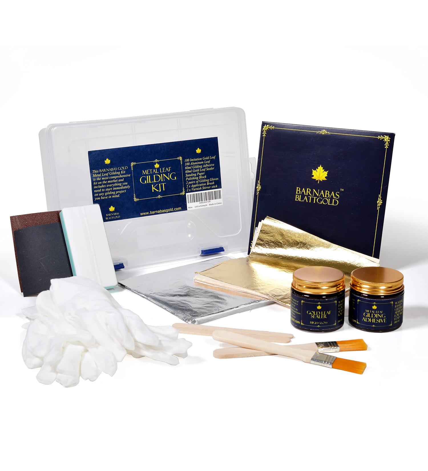 Gold Leaf Gilding Kit - 100 Sheets Imitation Gold & Silver Leaf with Adhesive, Sealer, Gloves, Brushes, and Sanding Tools - Buy Online on GoSupps.com