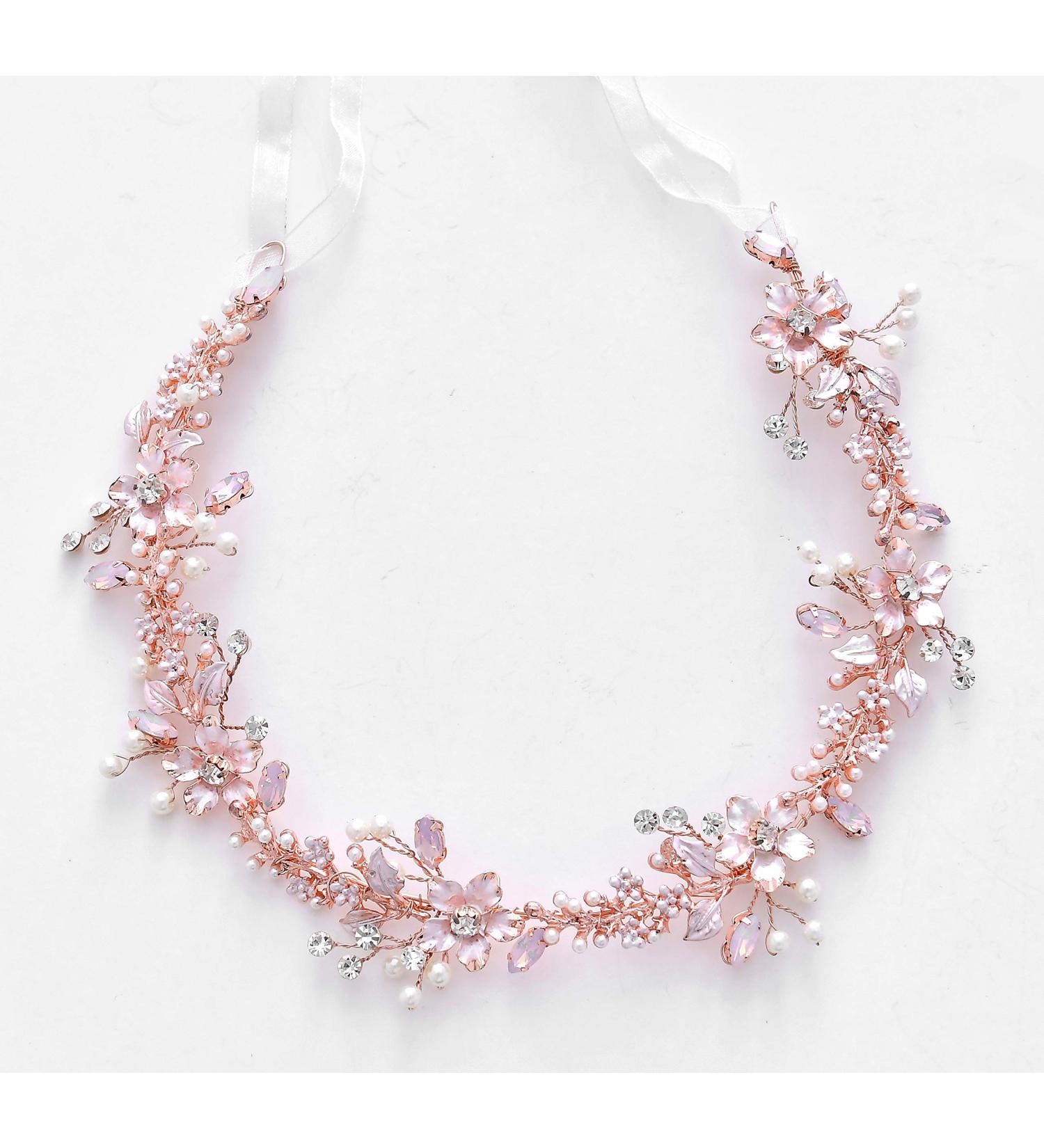 Ammei Rose Gold Wedding Headpiece with Pearls and Rhinestones - Flower Leaves Hair Vine - Buy Online on GoSupps.com