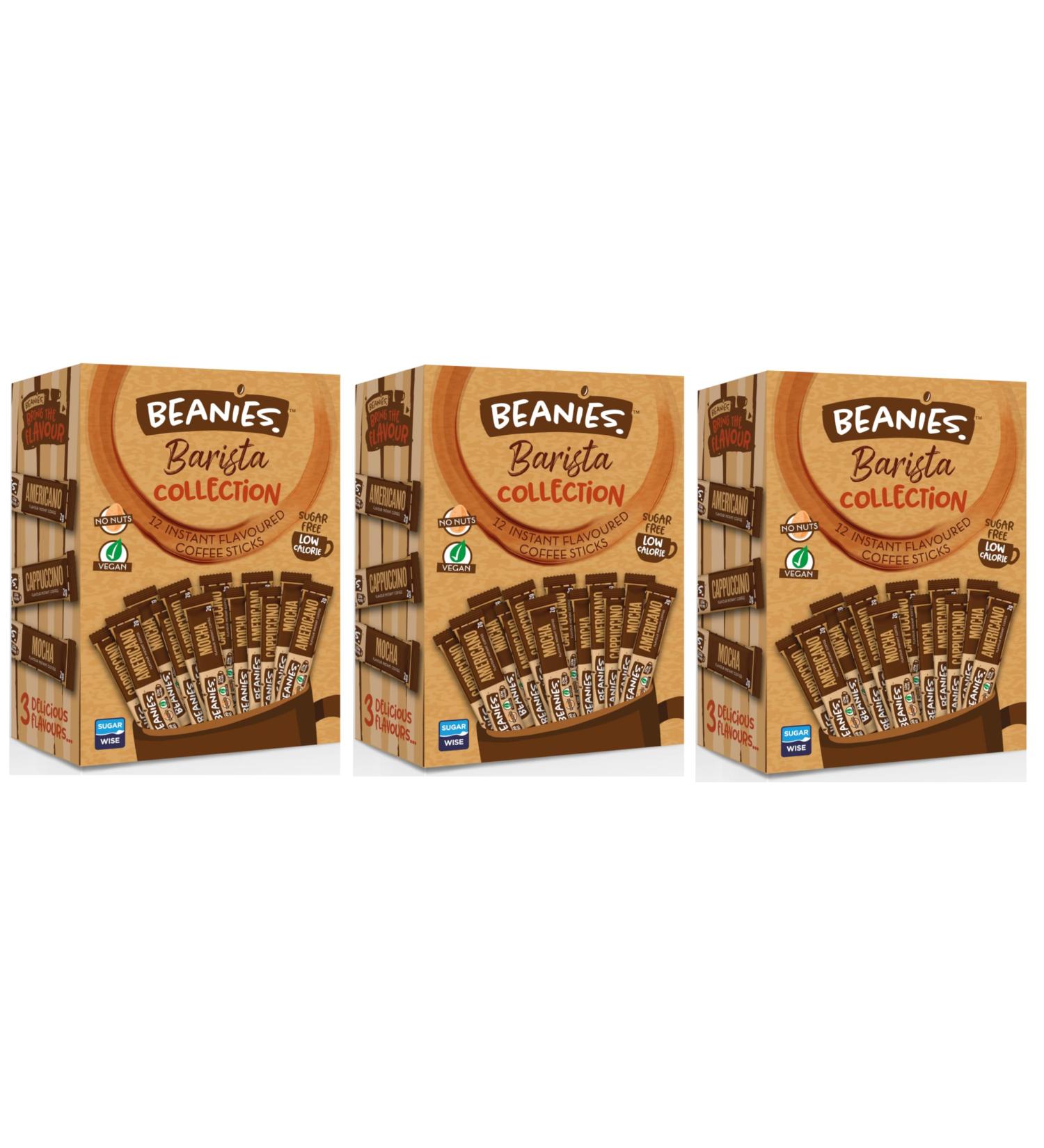 3 x Beanies Flavoured Barista Collection Coffee Sachets Variety Box - 12 Per Pack - Mixed Americano Cappuccino Mocha Instant Coffee - Vegan nut free low calories