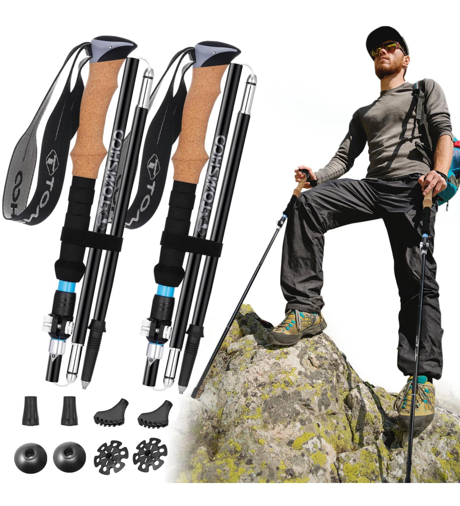 Tomshoo Ultralight Foldable Hiking Sticks - Adjustable Carbon & Aluminum Trekking Poles with Cork/EVA Handles for Hiking & Skiing - Blue 1 Pair - Buy Online on GoSupps.com