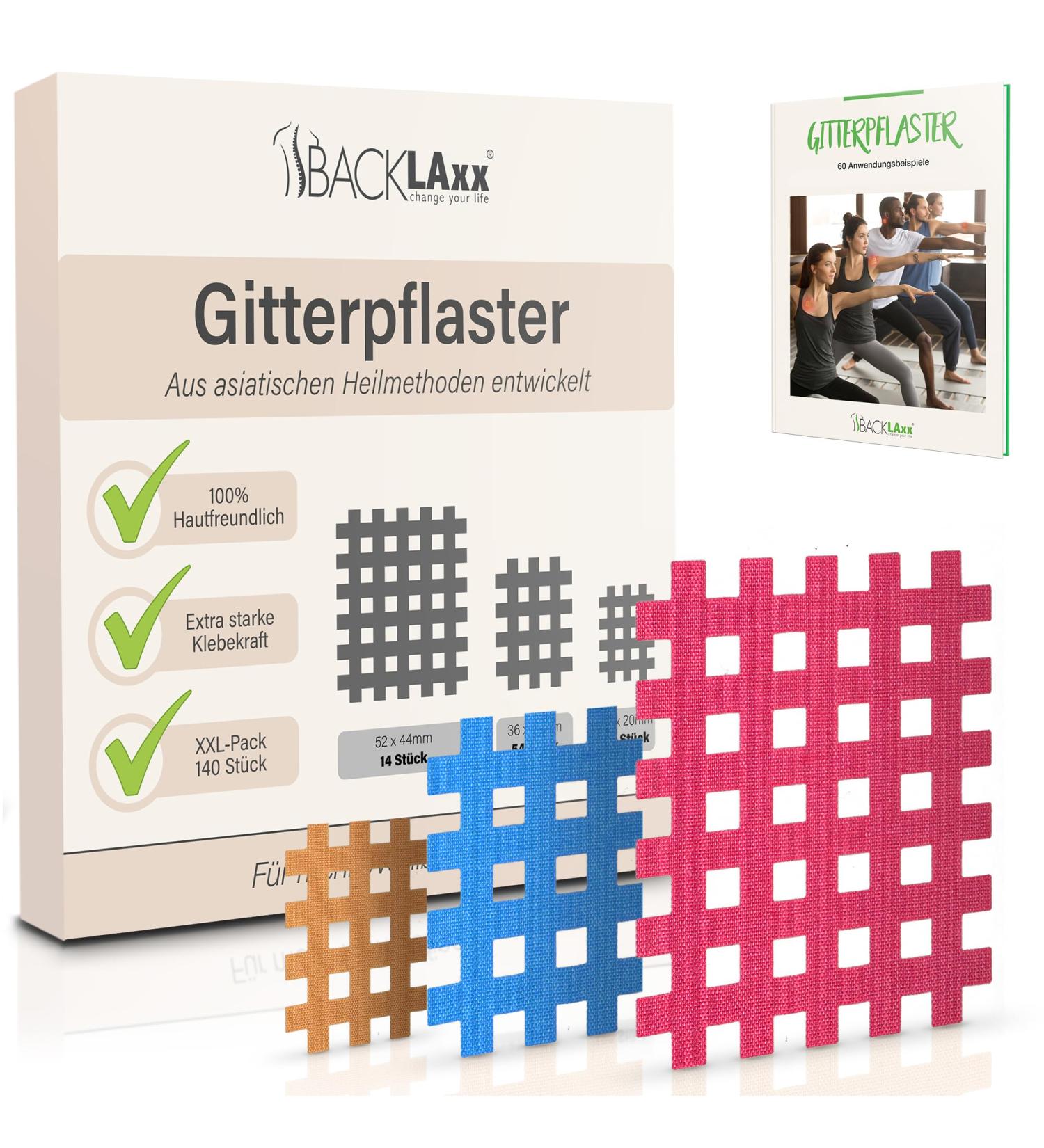 Backlaxx Lattice Tape - 140 Premium Quality Plaster Set (Sizes S M L) | Free eBook with 60 Application Examples | Colorful Acupuncture Patches & Cross Tape - Buy Online on GoSupps.com