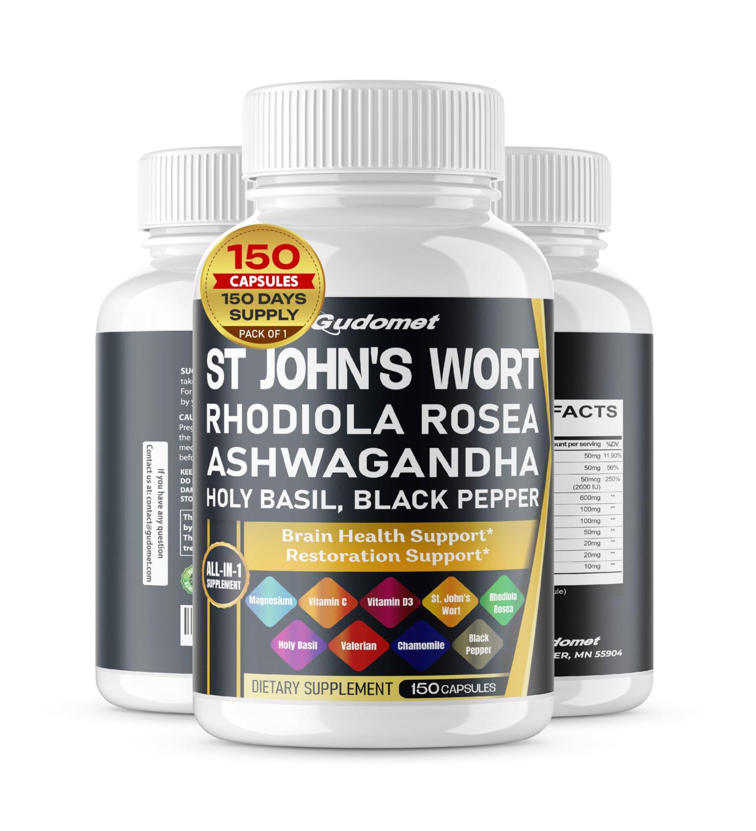 St. John's Wort Rhodiola Rosea Ashwagandha Holy Basil Valerian Chamomile Black Pepper -150 Capsules 150 count (pack of 1) - Buy Online on GoSupps.com