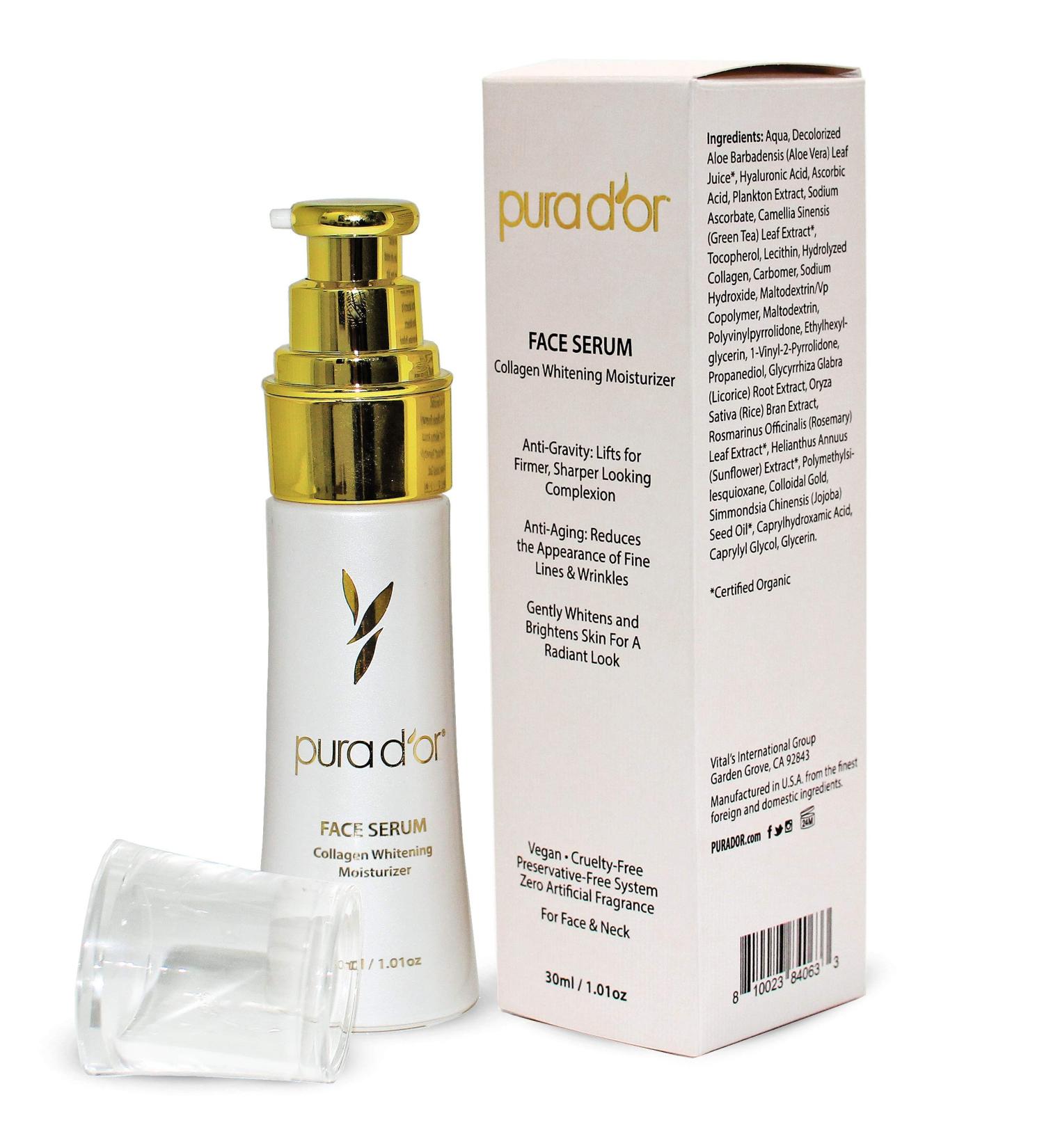 PURA D'OR Face Serum Collagen Whitening Moisturizer - 30mL | Brightens, Firms, & Reduces Wrinkles | For Radiant Skin on Face & Neck - Buy Online on GoSupps.com