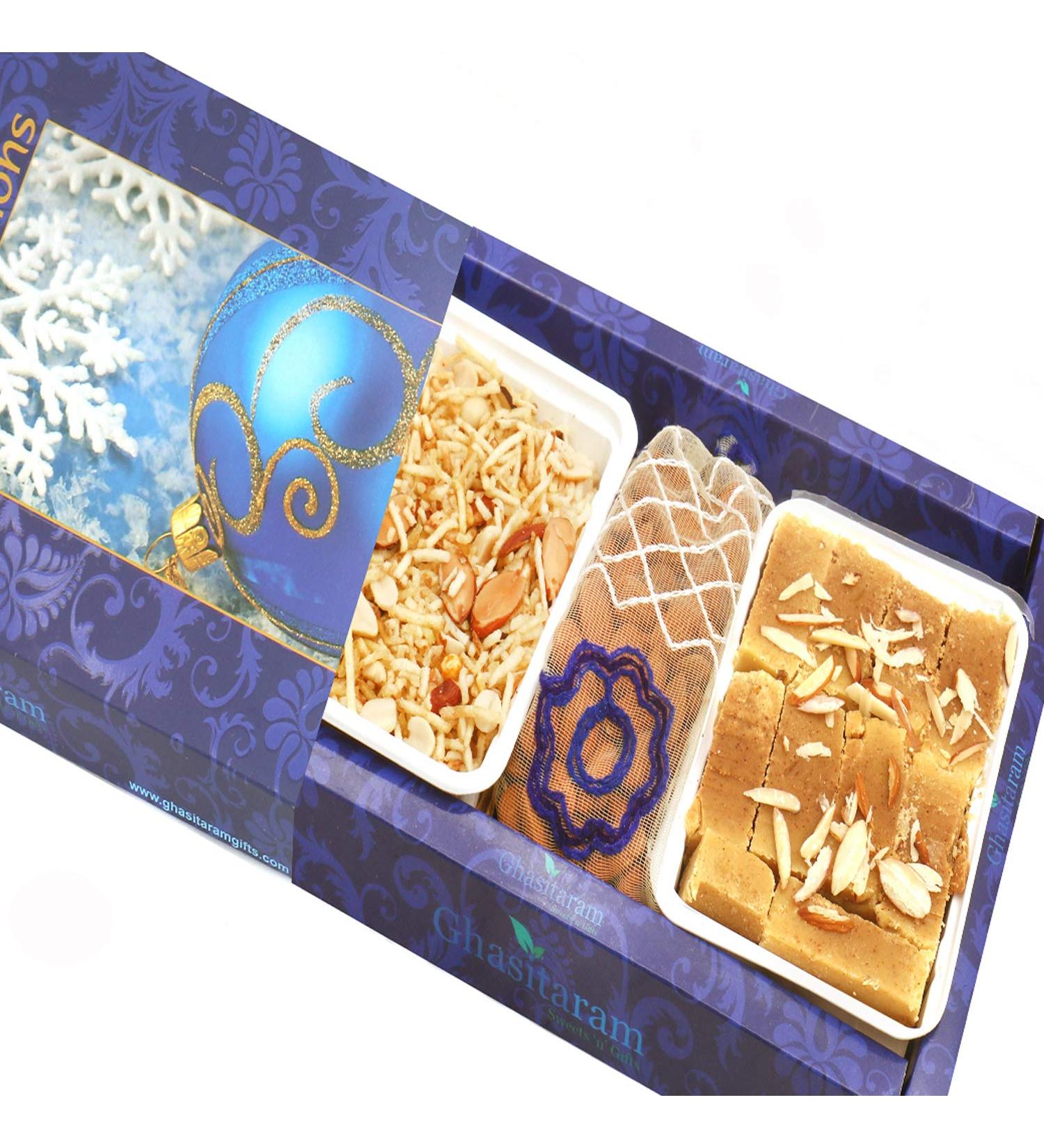 Ghasitaram Gifts Indian Sweets - Diwali Gifts Diwali Hamper Sweet Hampers - Mysore Pak Namkeen and Almonds Pouch Hamper - Buy Online on GoSupps.com