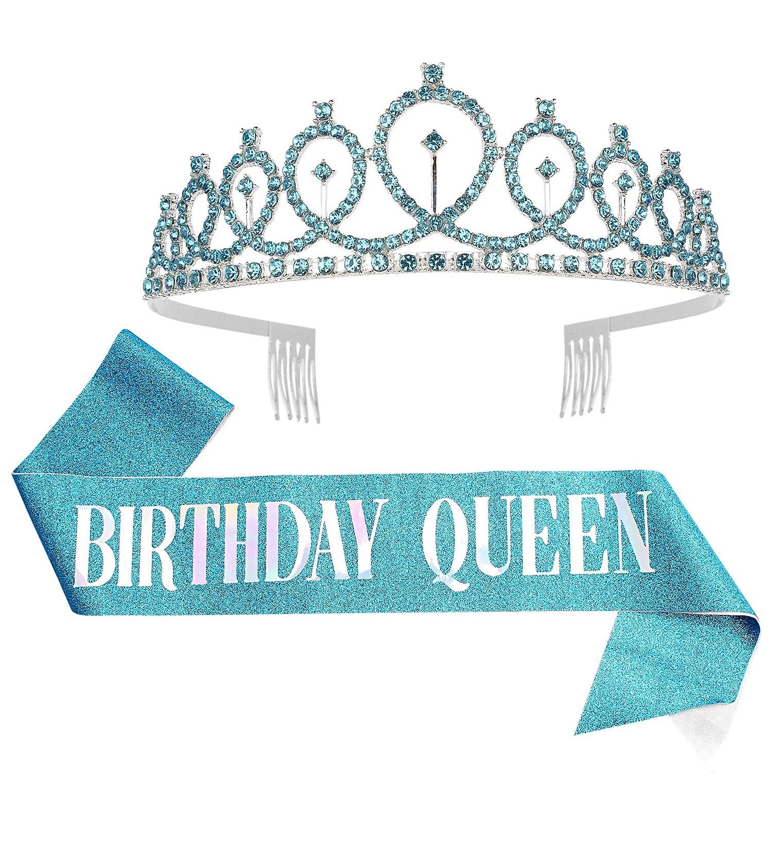 AOPRIE Birthday Crown & Queen Sash Set - Blue Tiara & Rhinestone Princess Crown for Women | Happy Birthday Accessories - Buy Online on GoSupps.com