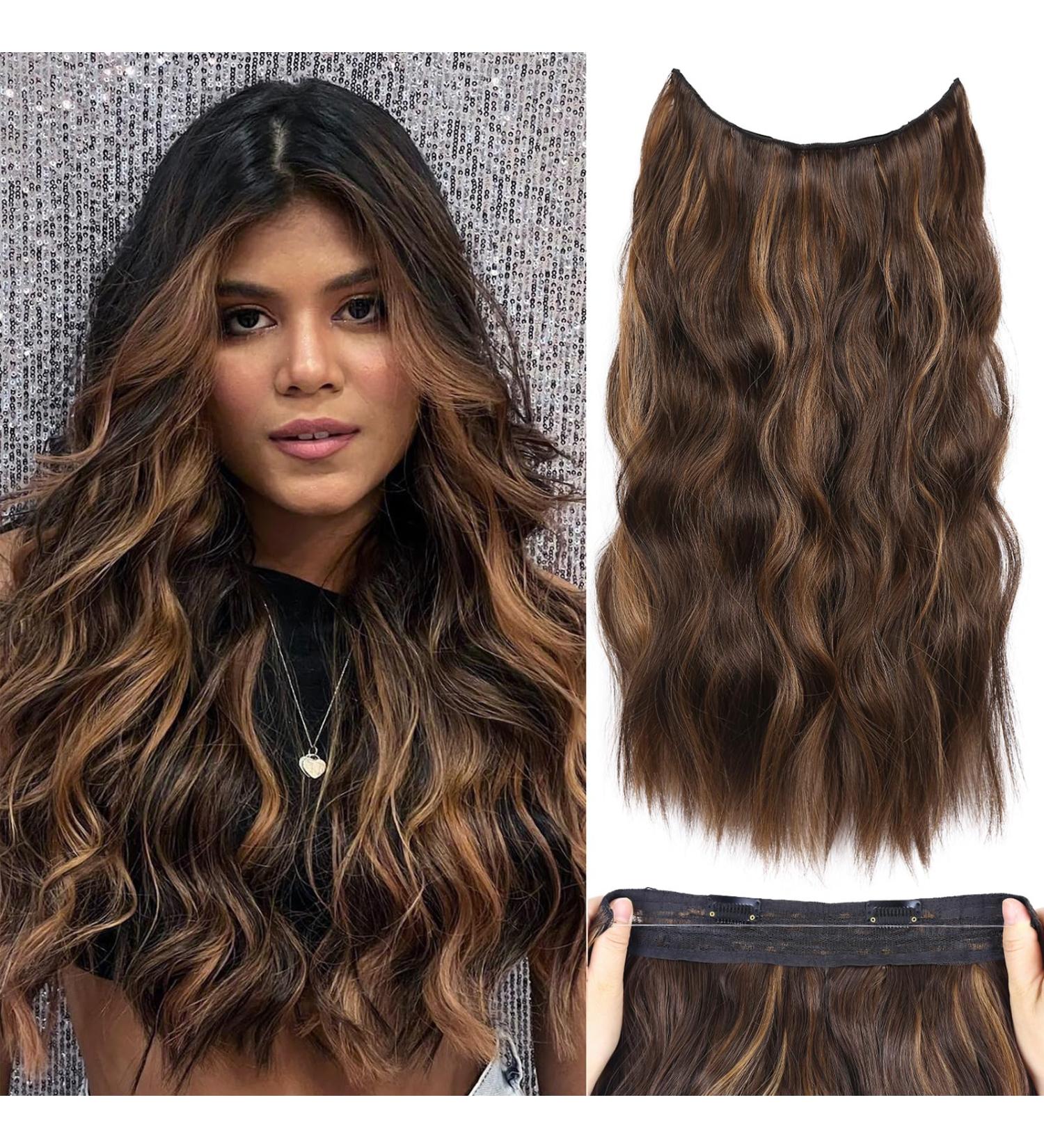 20 Inch Halos Hair Extension - Invisible Wire Hair Extensions - Dark Brown Mixed Dark Golden - Synthetic Long Wavy Hair Pieces for Women - Buy Online on GoSupps.com