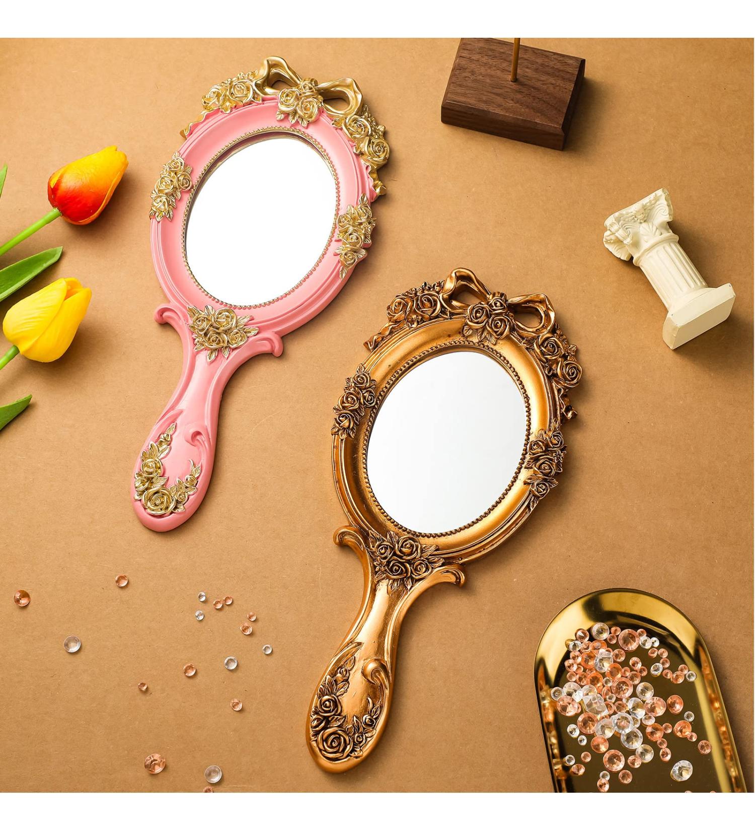 Geetery Vintage Oval Handheld Mirror Set - Antique Cosmetic Aesthetic Makeup Mirrors with Embossed Flower Design in Gold & Pink for Girls and Women - Buy Online on GoSupps.com