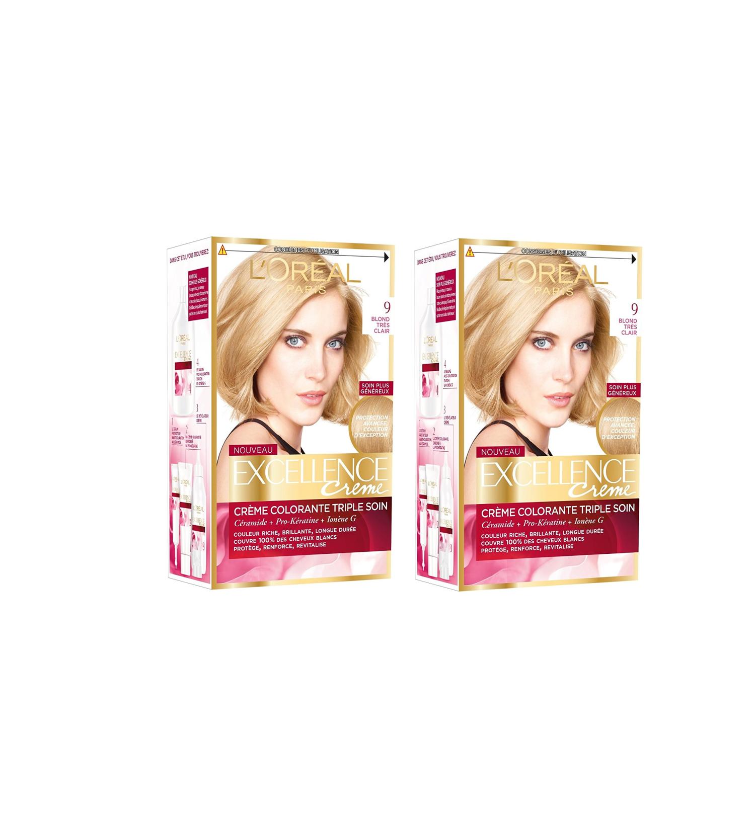 L'Or al Paris - Excellence Cr me - Triple Care Permanent Hair Color 100% Coverage for White Hair - Shade 9 Very Light Blonde - Pack of 2 - Buy Online on GoSupps.com