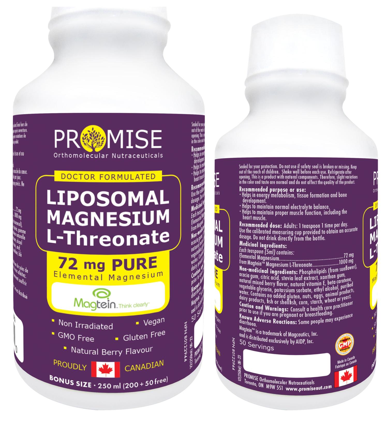  250ml (8.5oz) L-Threonate Liposomal Magnesium Liquid Supplement with Magtein - 72 mg of Elemental Magnesium per Serving - Berry Flavor Made in Canada - Buy Online on GoSupps.com