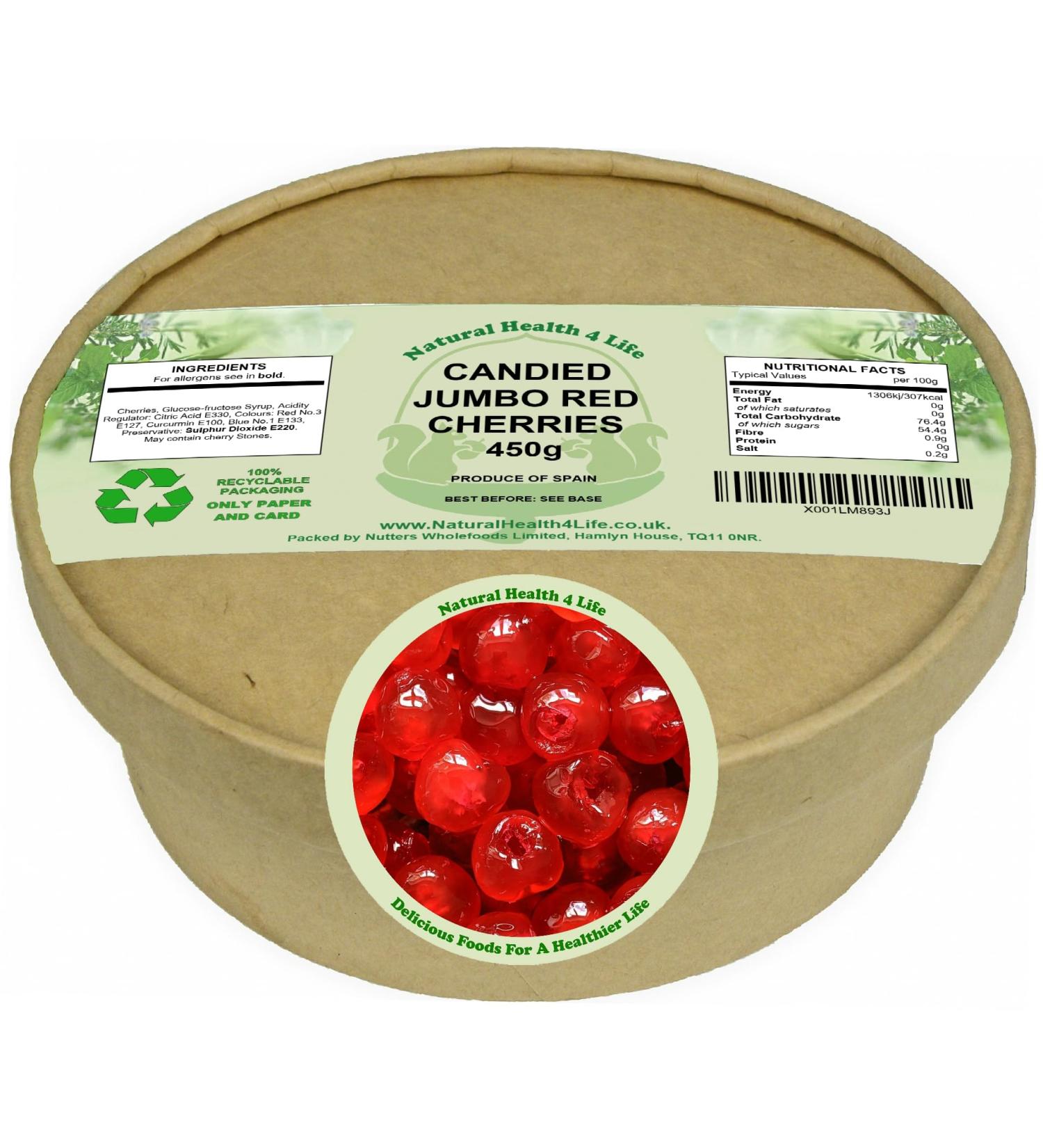 Natural Health 4 Life Cake Baking Ingredients Candied Jumbo Red Glace Cherries 450 gin Recyclable Tub (1 Tub) - Buy Online on GoSupps.com