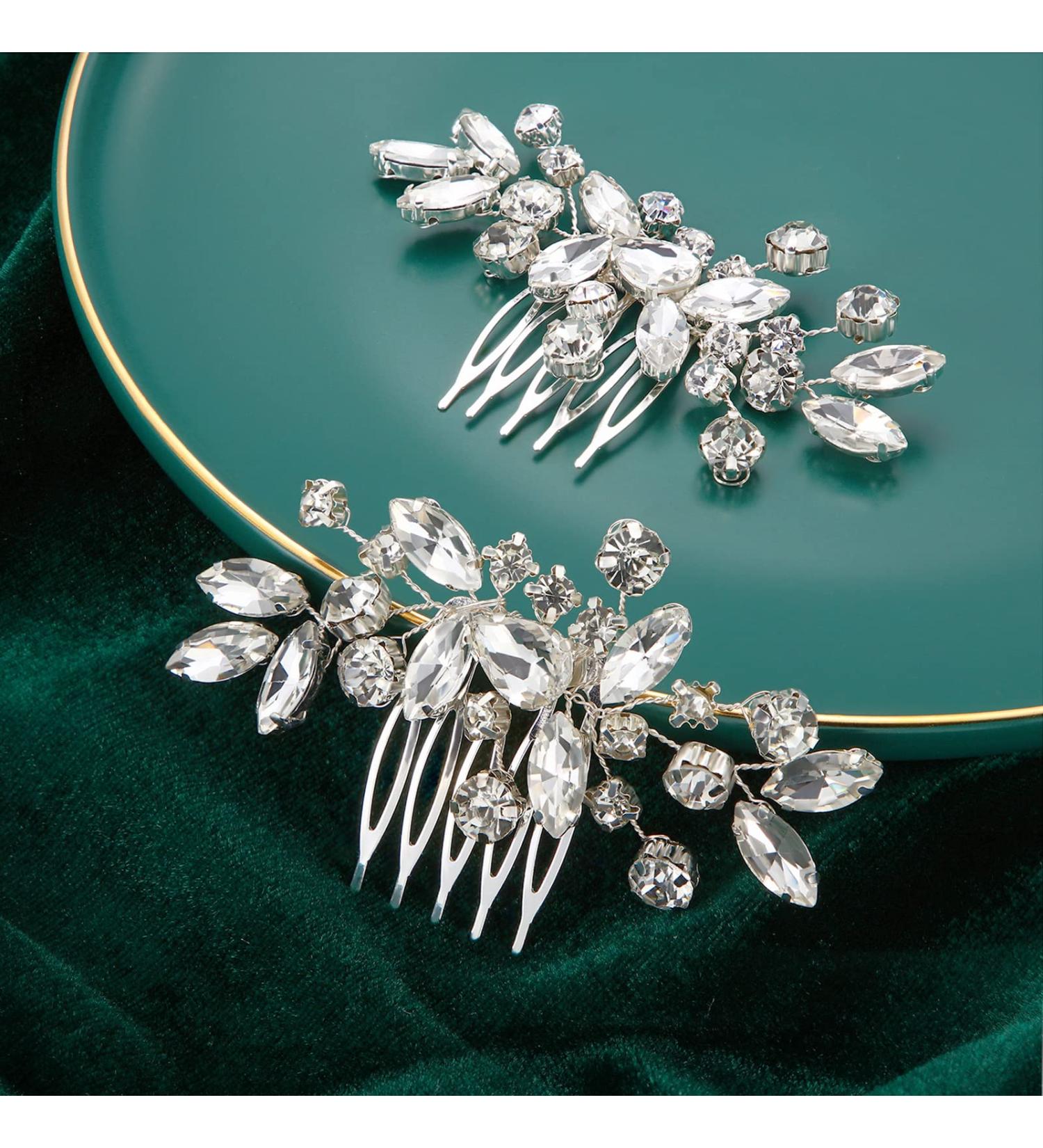 2 Pcs Rhinestone Silver Wedding Hair Comb Set - Bridal Side Comb with Opal Crystal Detail | Hair Accessories for Women and Girls - Buy Online on GoSupps.com