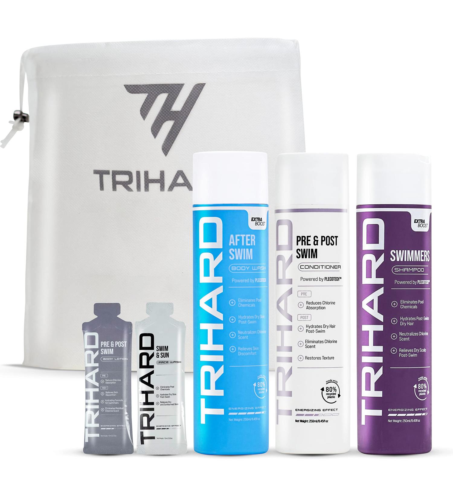TRIHARD Swim Care Kit: Pre & Post Swim Conditioner, Swimmers Shampoo, and Body Wash for Removing Pool Chemicals and Hard Water Effects - Buy Online on GoSupps.com