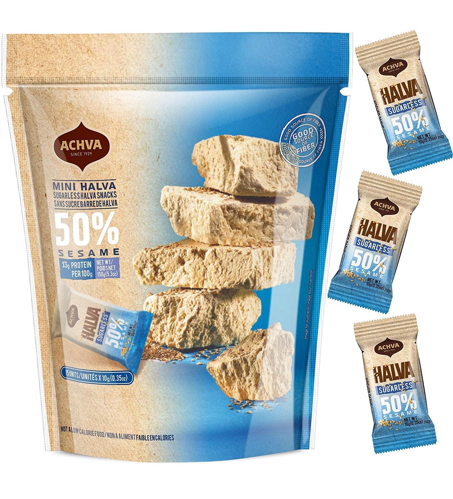 Achva Halva Mini Snack Bag - 50% Sesame Vegan Treat | Healthy Breakfast & Snack - 15 x 10g Gift Pack - Buy Online on GoSupps.com