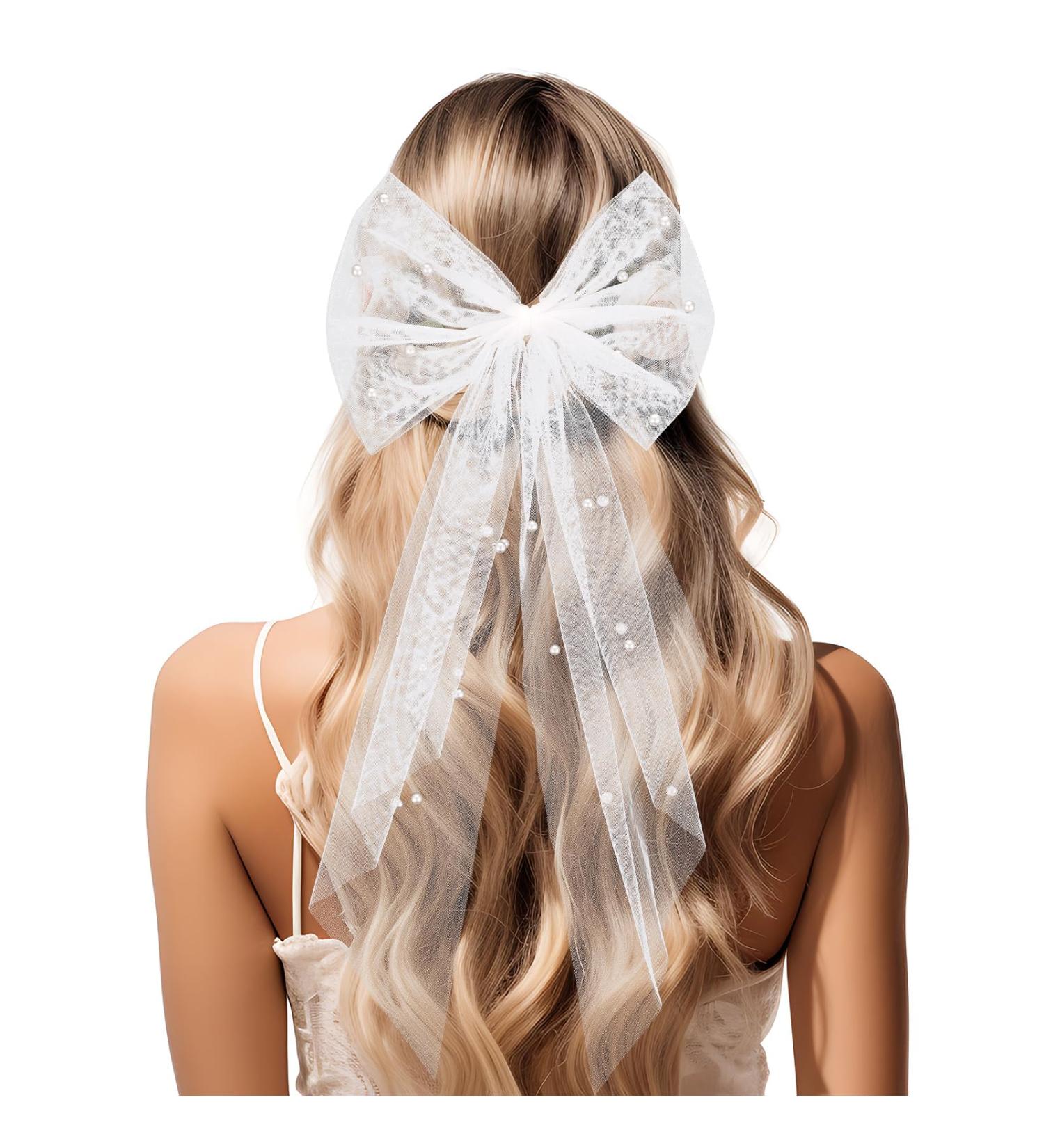 AOZUO Bridal Hair Bow Wedding Veils Pearl Hair Clip Large Hair Headpiece White Lace Hair Accessories Bridesmaid Favors Barrette Bachelorette Party Decorations Bridal Shower Gift - Buy Online on GoSupps.com