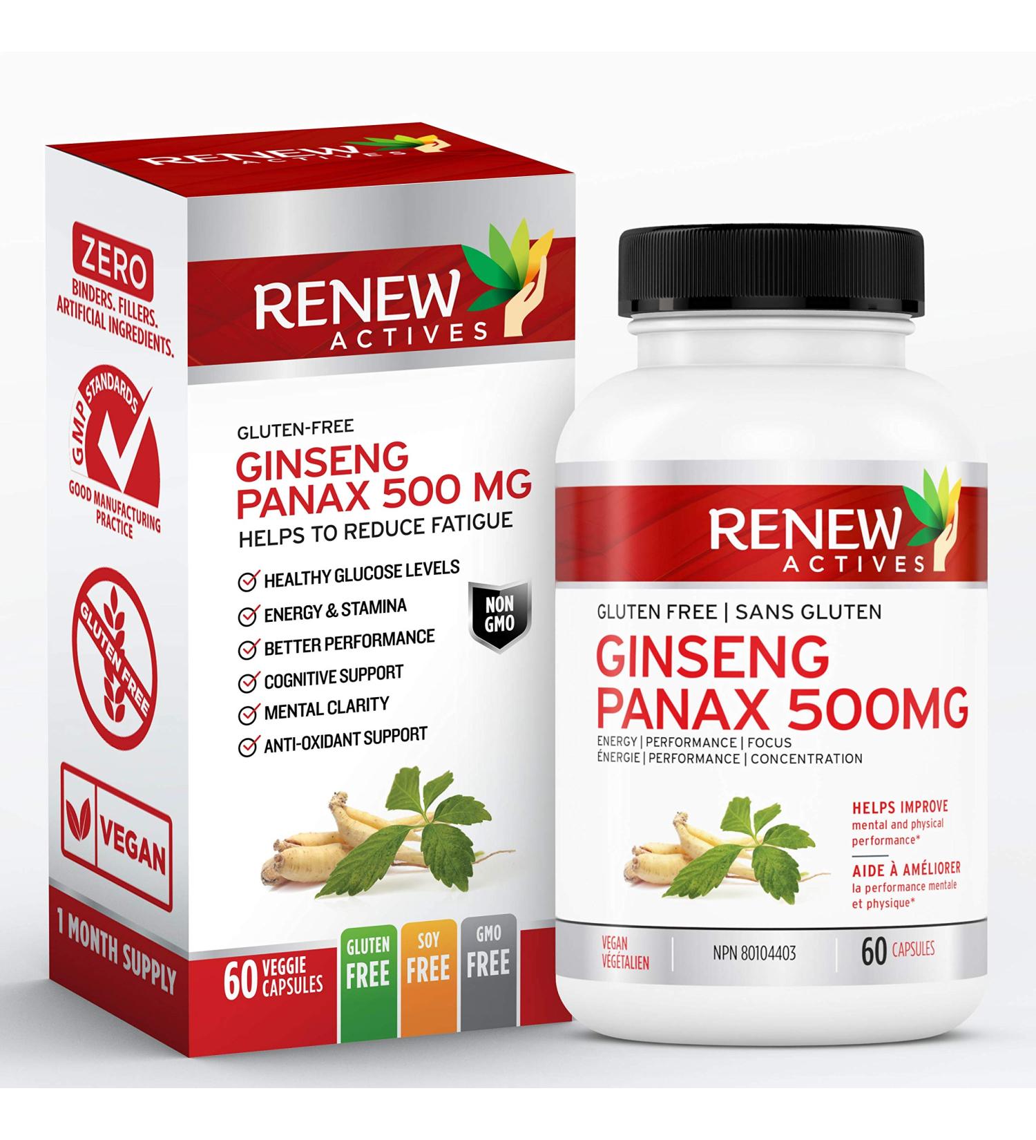 Renew Actives Panax Ginseng Supplement - 500mg Per Serving for Energy and Cognitive Function - Vegan Capsules, Gluten & GMO Free - Buy Online on GoSupps.com