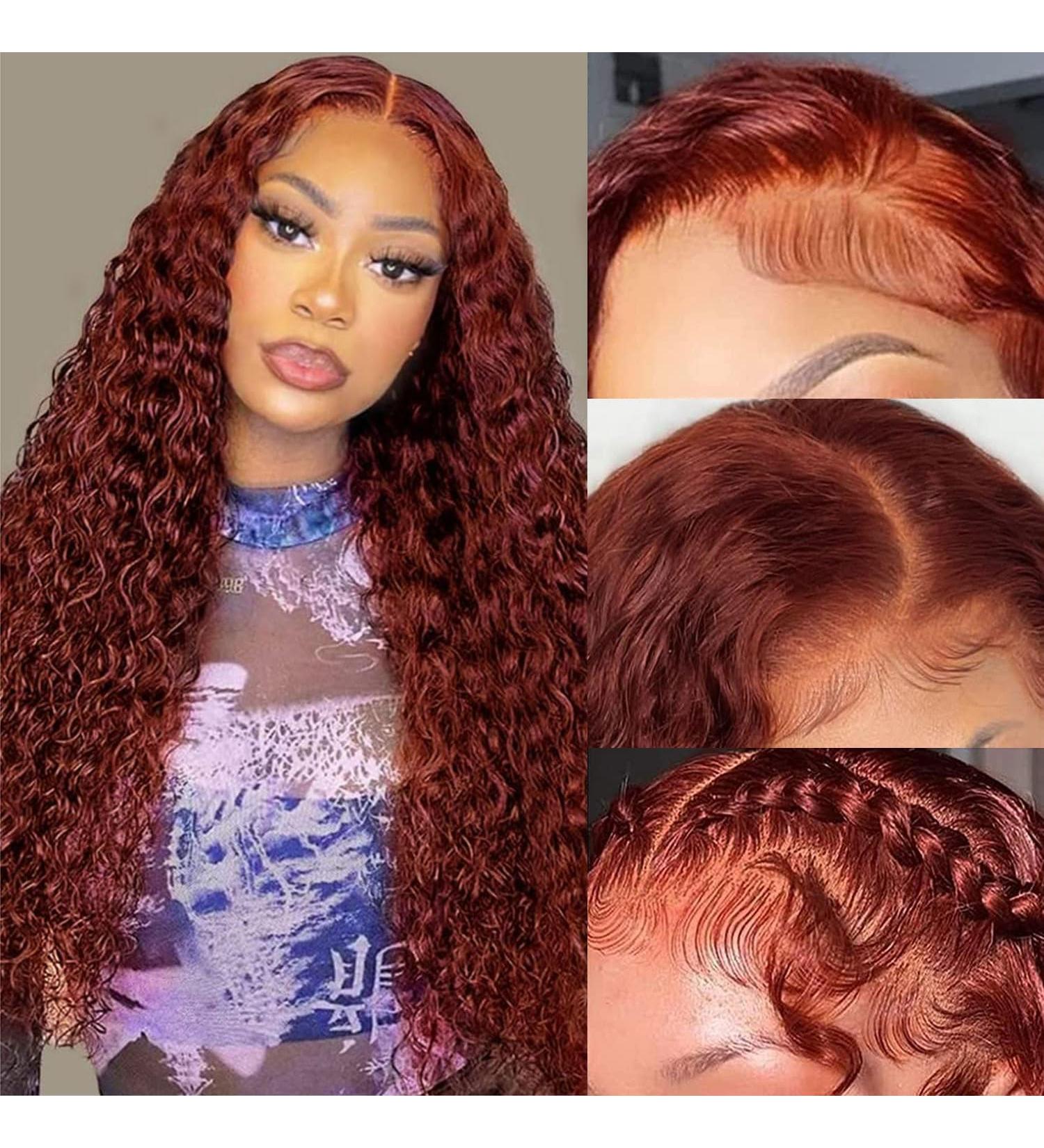 Reddish Brown 22 Inch HD Lace Front Water Wave Wigs for Black Women - Brazilian Virgin Human Hair, 180 Density, Pre Plucked with Baby Hair - Buy Online on GoSupps.com