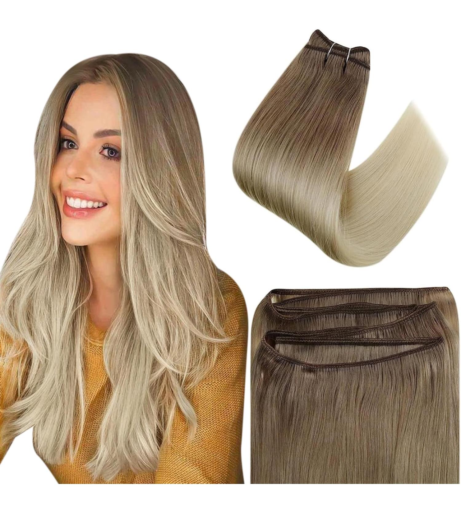 Easyouth Ombre Human Hair Sew in Extensions - Light Brown to Platinum Blonde Balayage - Double Weft 12 Inch 70g - #8/60 - Buy Online on GoSupps.com