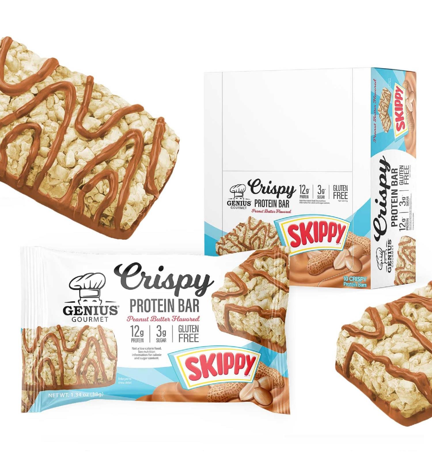 Genius Gourmet SKIPPY Peanut Butter Flavored Crispy Protein Bars 12g Protein per serving (24% DV) 3g Sugar Delicious Snack Bar Gluten Free 10 Count - Buy Online on GoSupps.com