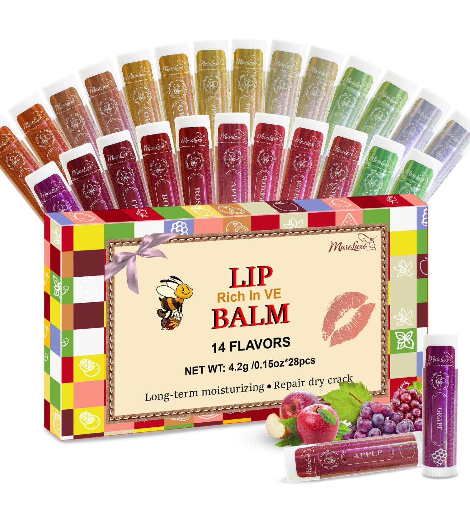28 Pack Natural Lip Balm Bulk - Vitamin E & Coconut Oil 14 Flavors Moisturizing & Soothing Chapped Lips - Perfect Lip Care Gift Set - Buy Online on GoSupps.com