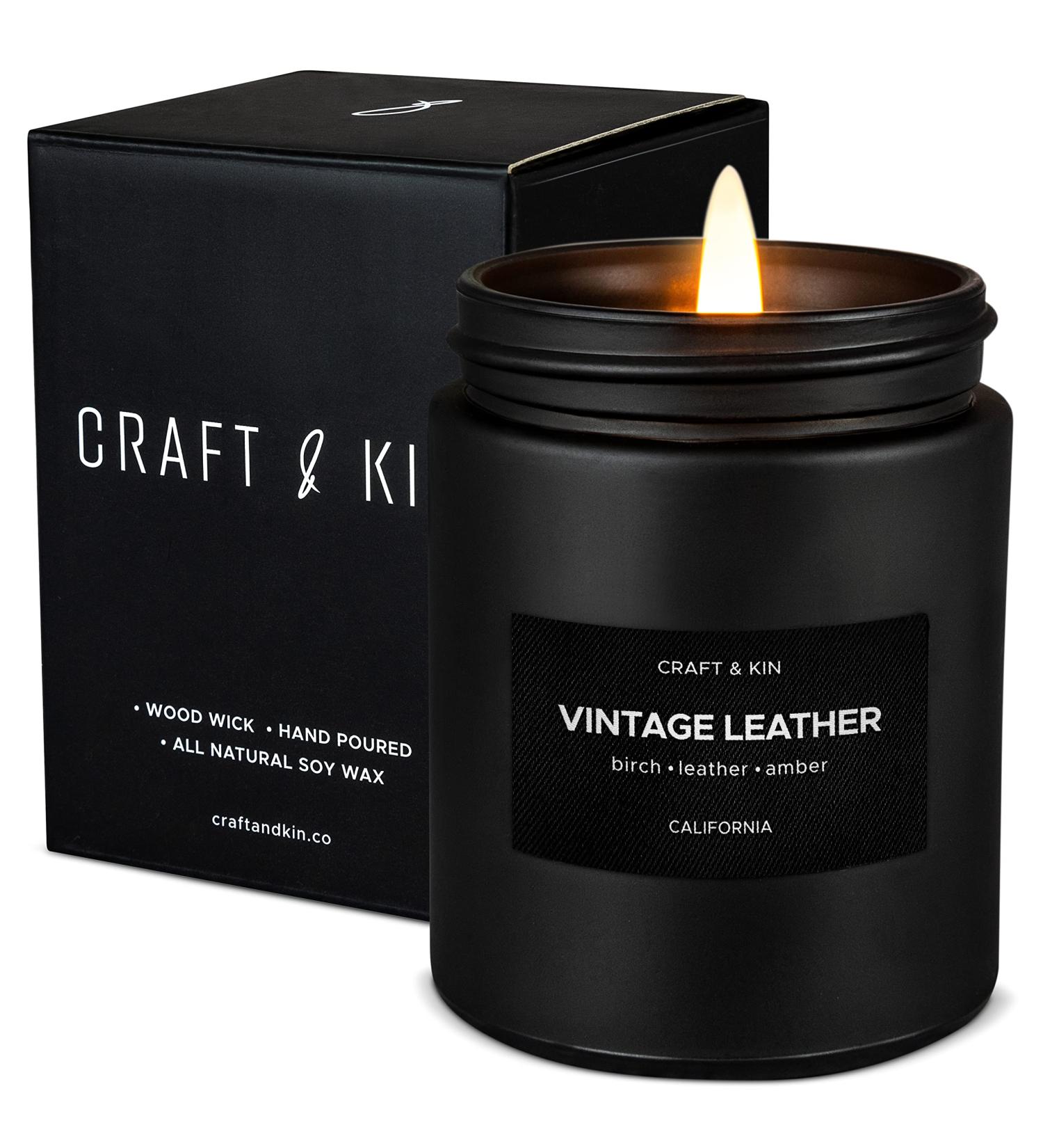Vintage Leather Scented Candle for Men in Black Jar | Soy Aromatherapy Candle with Wood Wicks for Home | Masculine Fragrance Candle - Buy Online on GoSupps.com
