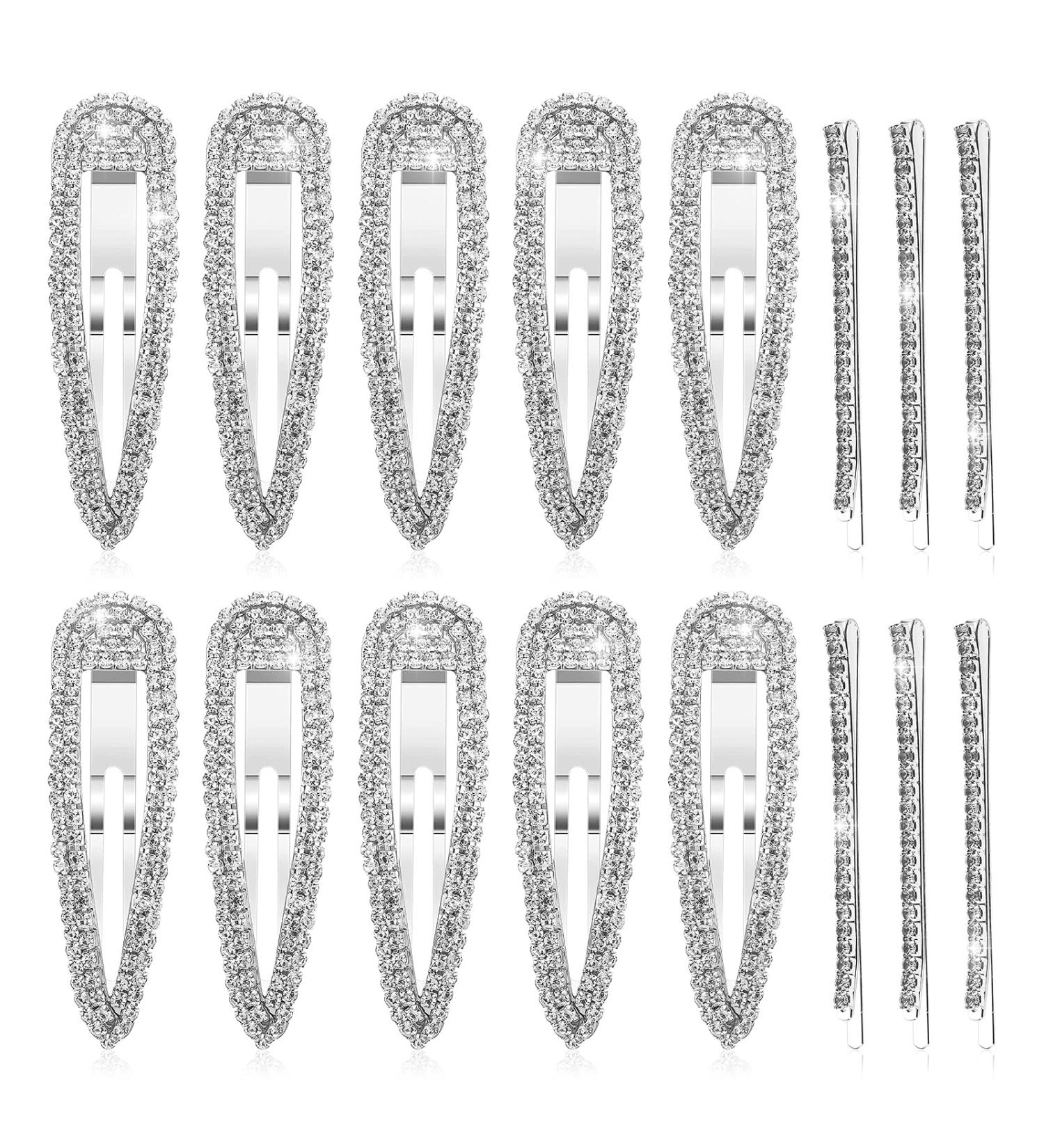 Shop Aster 16-Piece Rhinestone Hair Clips for Women | Glossy Metal Snap Hairpins & Water Drop Design | Stylish Silver Hair Accessories - Buy Online on GoSupps.com