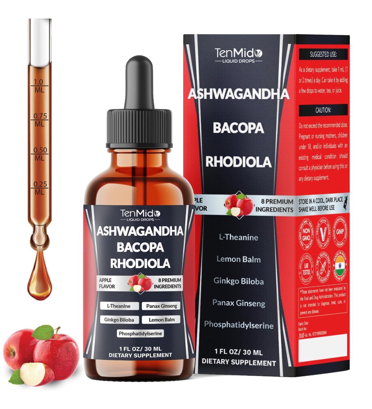 Tenmido 8in1 Ashwagandha Liquid Drops with Bacopa Rhodiola Rosea Phosphatidylserine L-Theanine Panax Ginseng Ginkgo Biloba and Lemon Balm - 30ml 1 Fl Oz - Buy Online on GoSupps.com