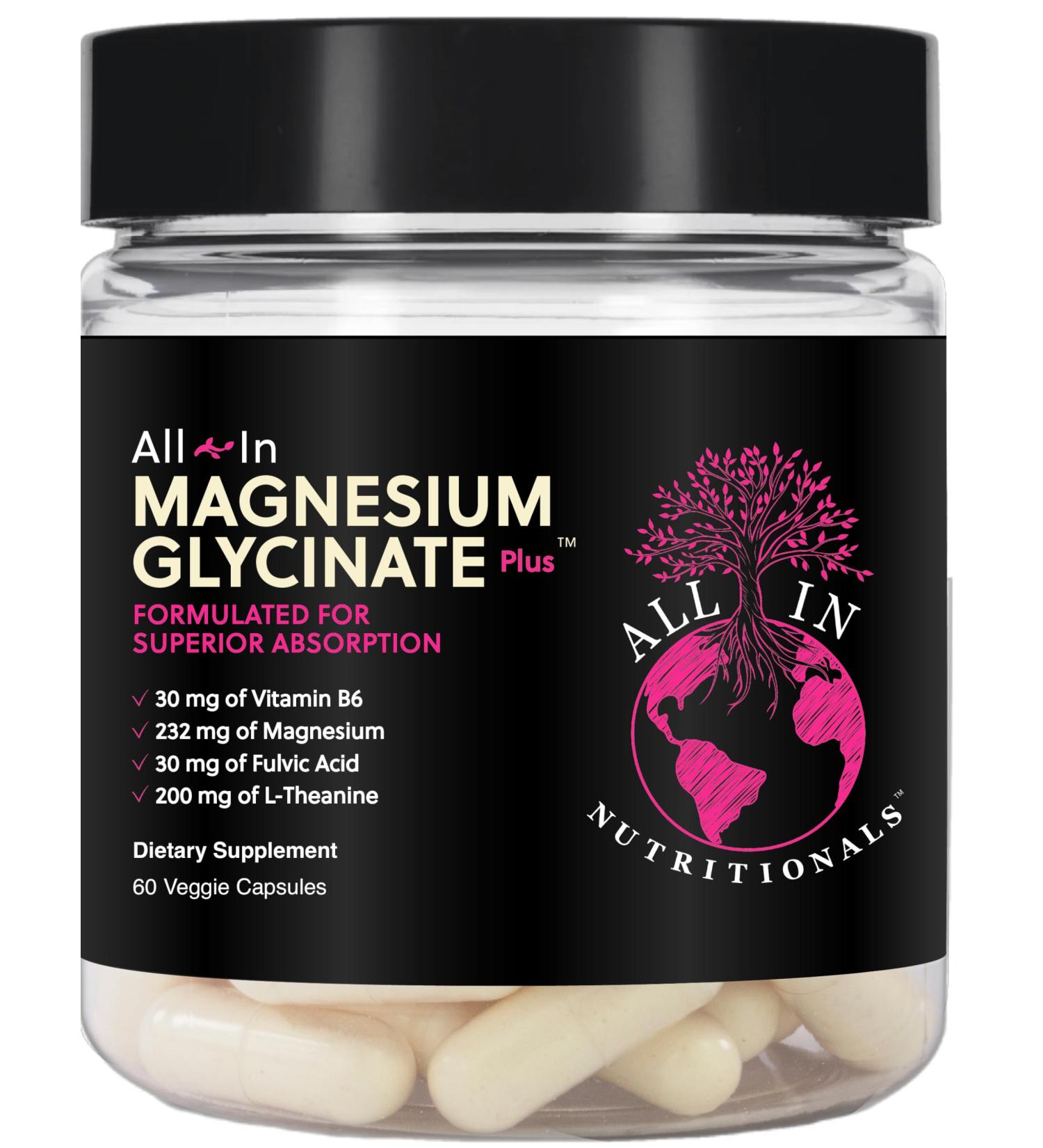 All-In Nutritionals Magnesium Glycinate + Capsules: Supports Multiple Systems 1200mg 60 Count Capsules - Vegan - Added L-Threonate and L-Theanine - BIOAVAILABLE - Buy Online on GoSupps.com