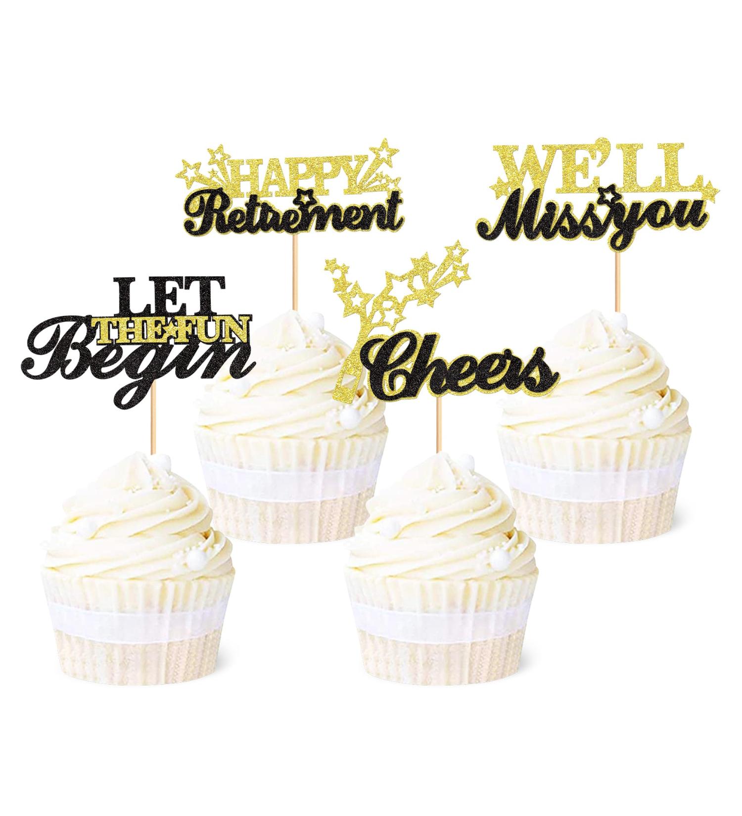 Ercadio 24 Pack Happy Retirement Cupcake Toppers Cheers Retired We'll Miss You LET the Fun Begin Cupake Toppers Picks Retirement Theme Farewell Birthday Party Cake Decorations Black Gold - Buy Online on GoSupps.com