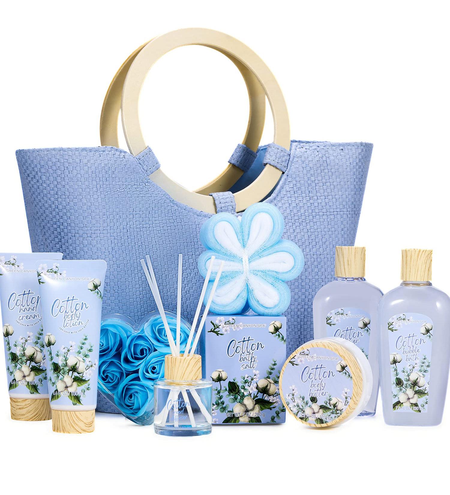 10pcs Cotton Scent Spa Gift Set in Tote Bag - Shower Gel, Bath Salt, Reed Diffuser - Perfect Gift for Her on Valentine's, Christmas & Birthday - Buy Online on GoSupps.com