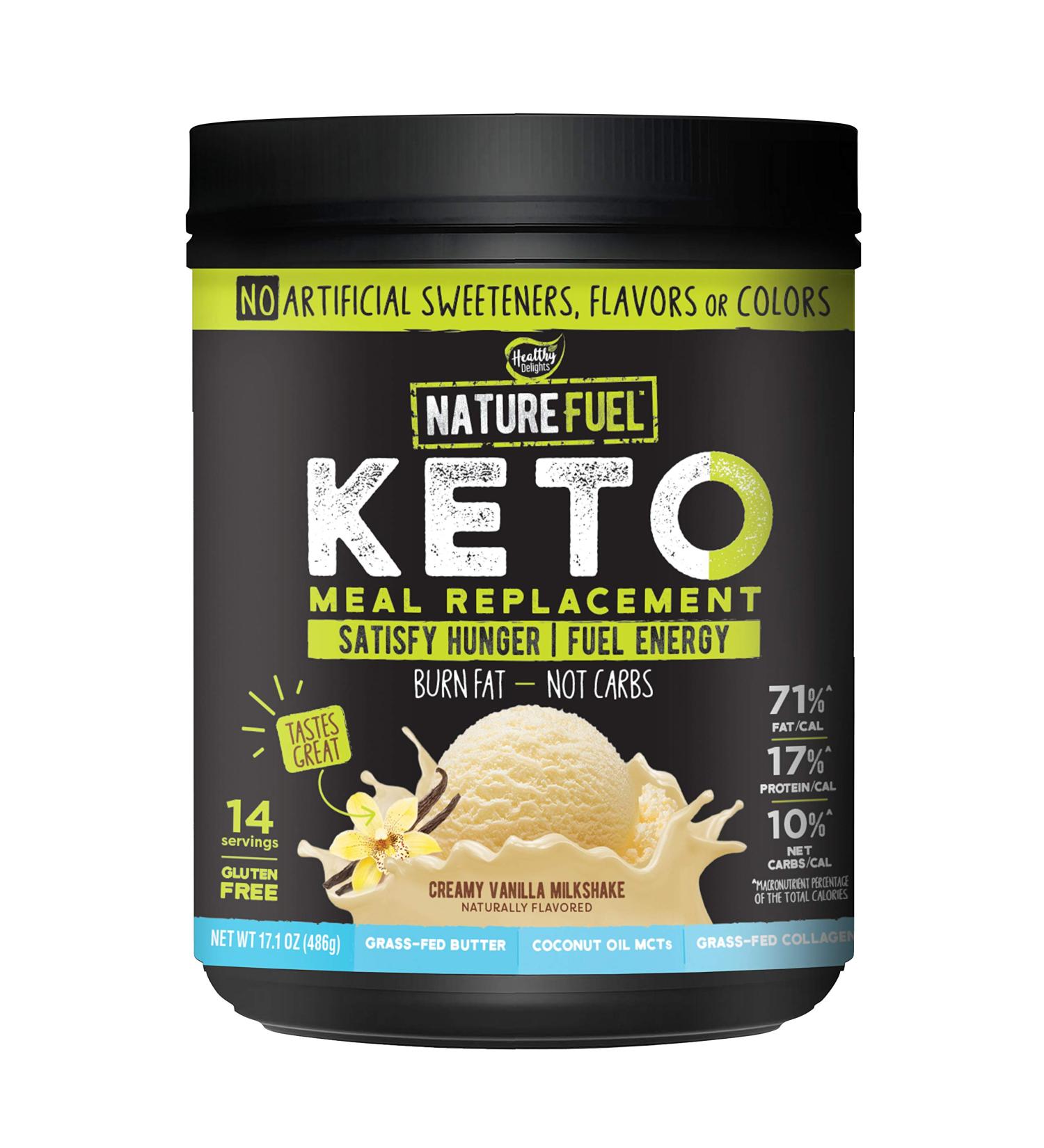 Nature Fuel Keto Meal Replacement Powder - Gluten Free with Coconut Oil MCTs and Grass-Fed Butter - Creamy Vanilla Milkshake - 14 Servings - 17.1 Fl Oz - Buy Online on GoSupps.com