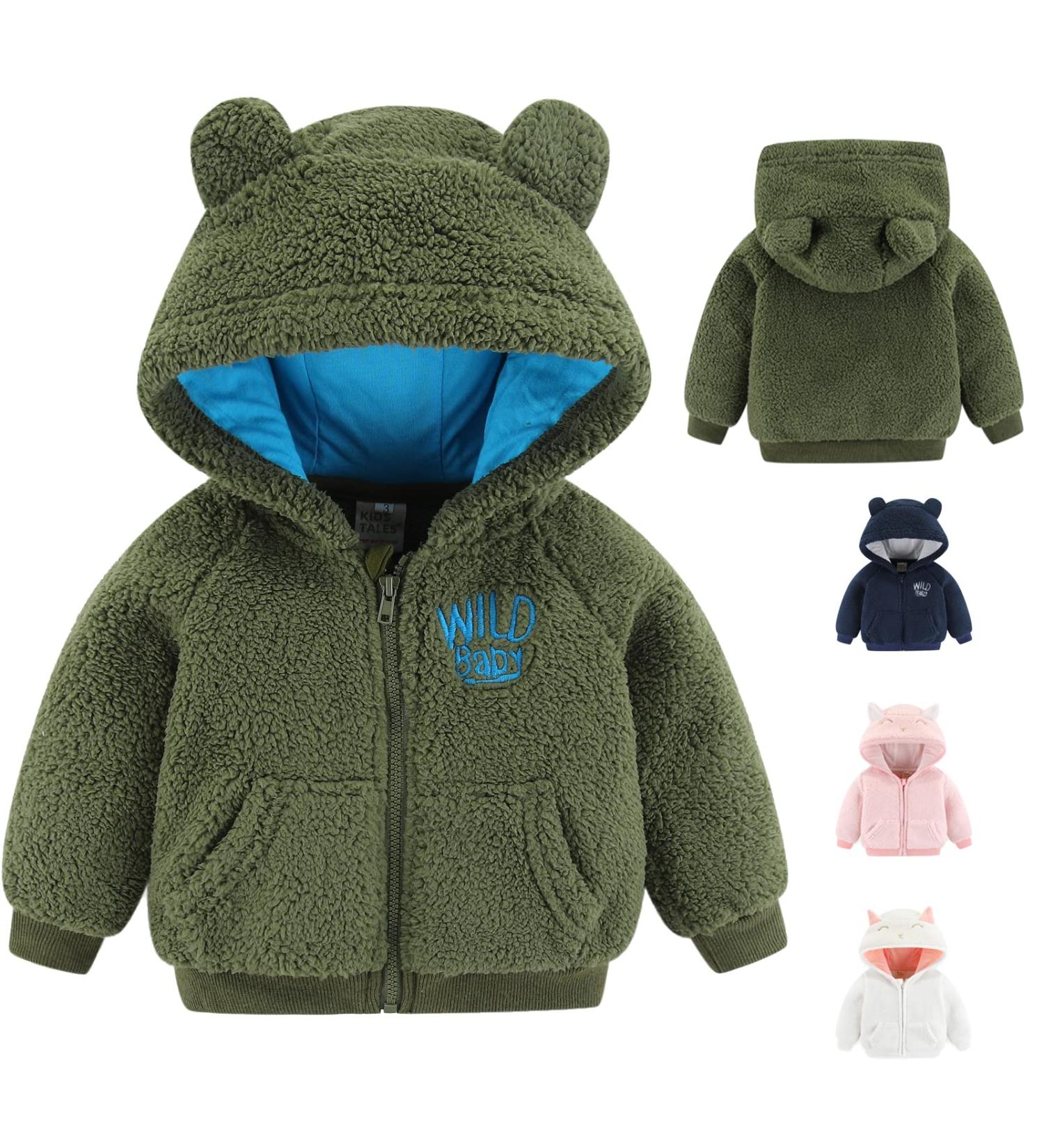 Cartoon Fleece Hooded Jacket for Newborns | Warm Infant Outwear Coat | Zipper Up | Green | 0-6Y - Buy Online on GoSupps.com