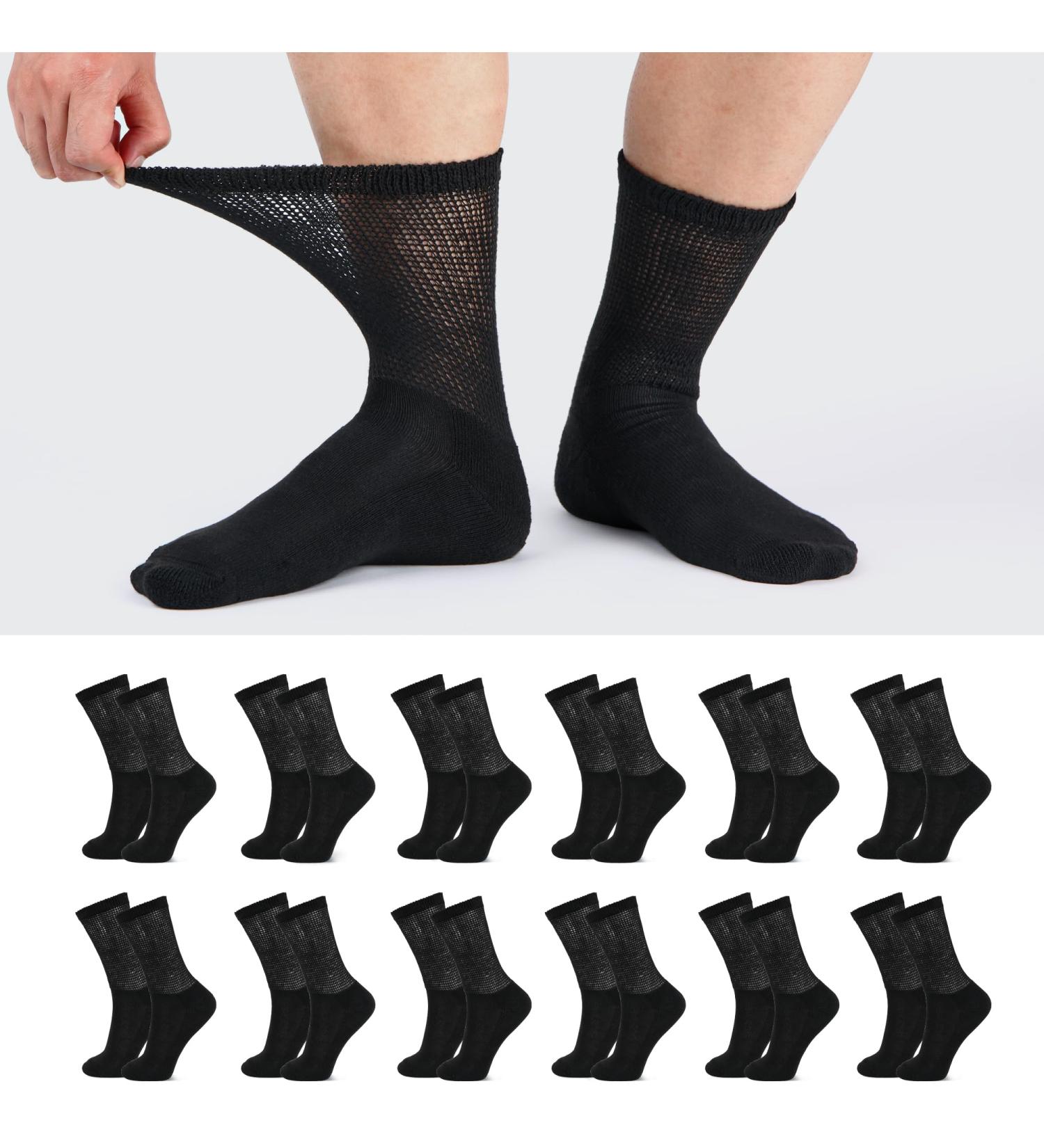 LIN Diabetic Socks 12 Pairs Crew/Jet Black for Men & Women - Non-Binding Circulatory Extra Wide Top Socks for Edema, Neuropathy, Lymphedema - Size 9-11 - Buy Online on GoSupps.com