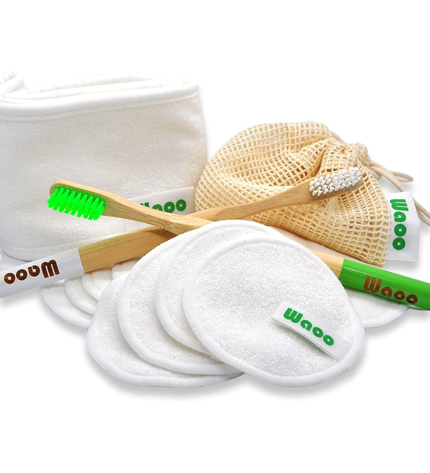 Washable and reusable organic bamboo fiber makeup remover cotton - kit consisting of 12 pcs + 1 mesh washing bag + 2 toothbrushes + 1 cotton headband to remove your makeup - Buy Online on GoSupps.com
